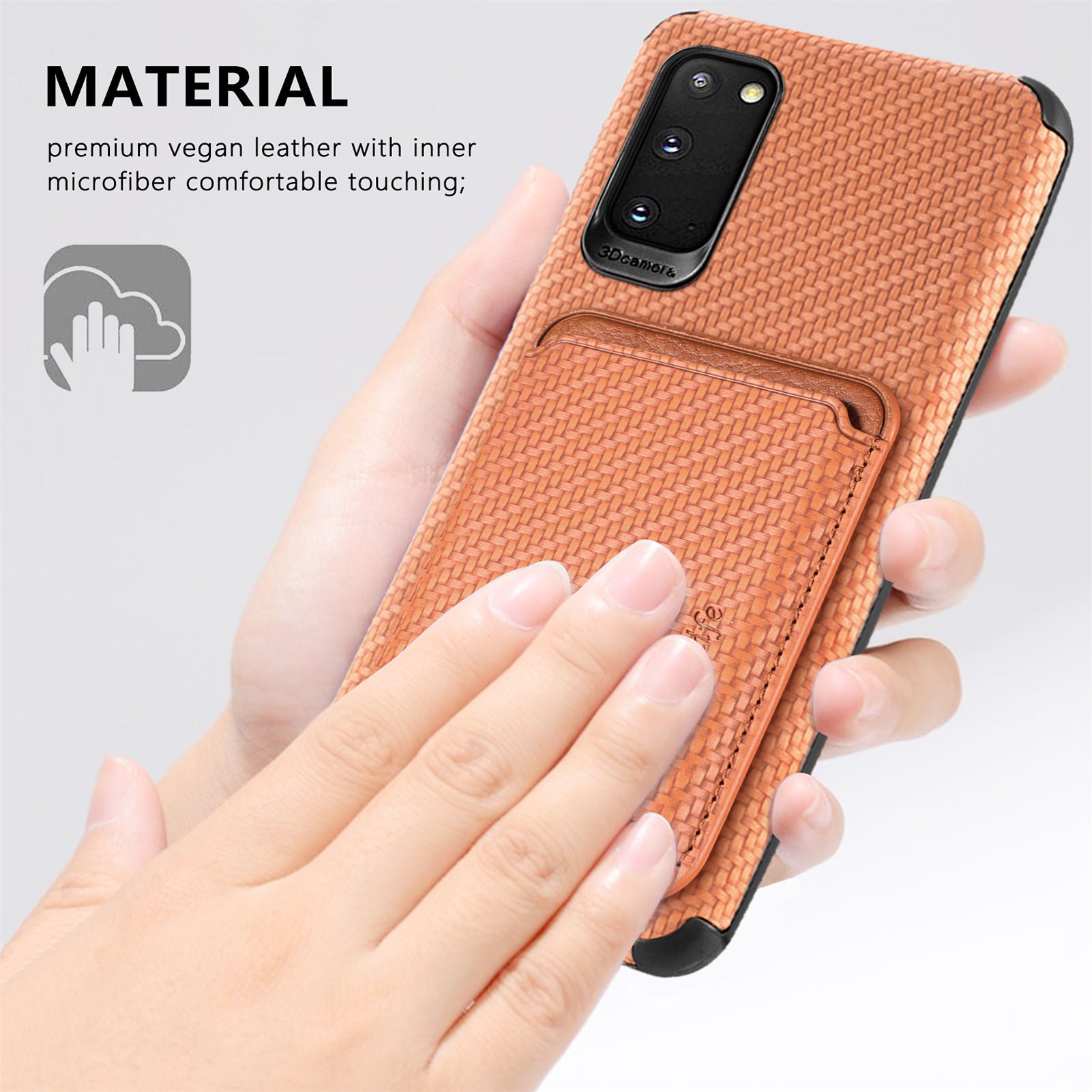 For Samsung Galaxy S20 4G/5G Smartphone Cover PU Leather Coated TPU + PVC Detachable Card Holder Carbon Fiber Texture Phone Case - Brown