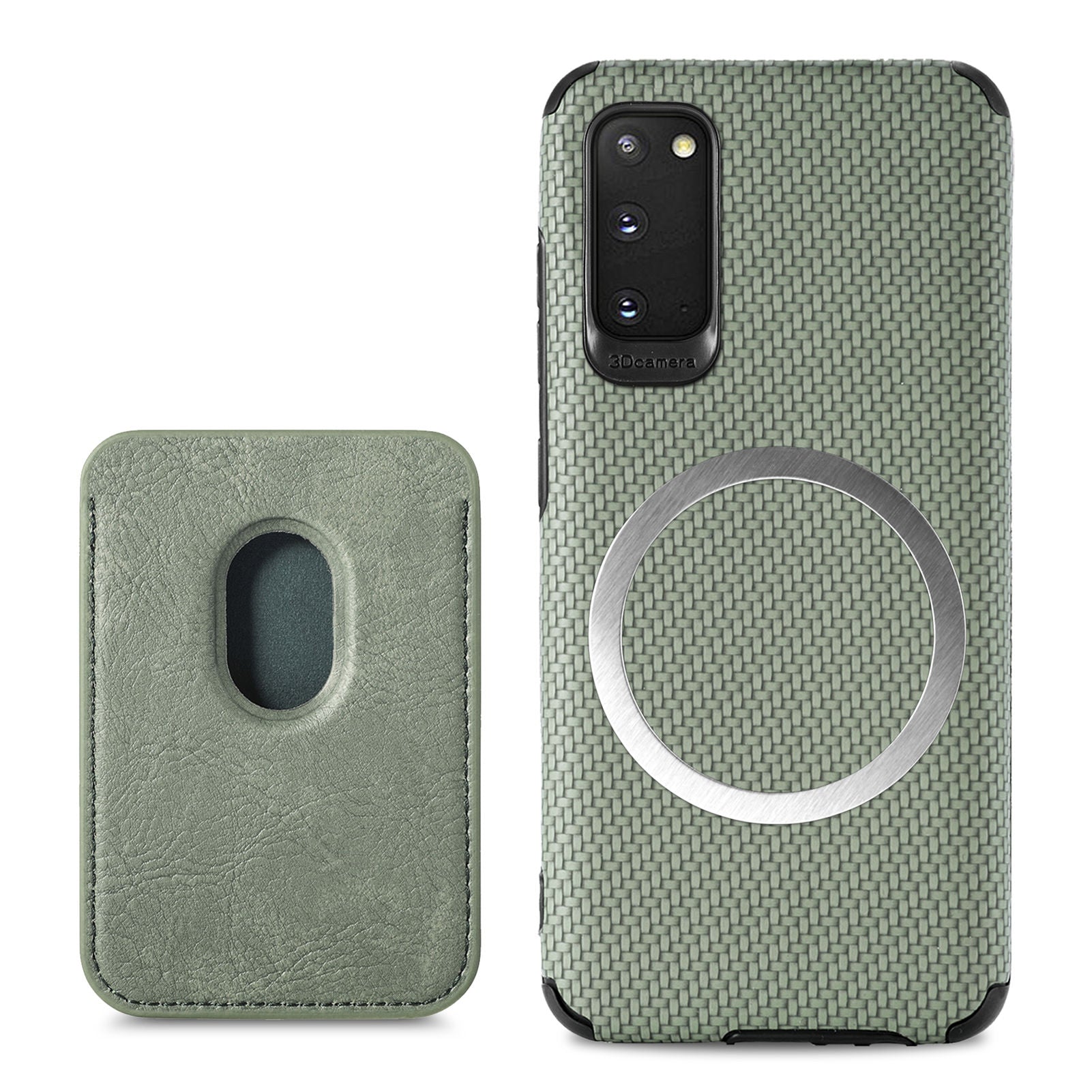 For Samsung Galaxy S20 4G/5G Smartphone Cover PU Leather Coated TPU + PVC Detachable Card Holder Carbon Fiber Texture Phone Case - Green