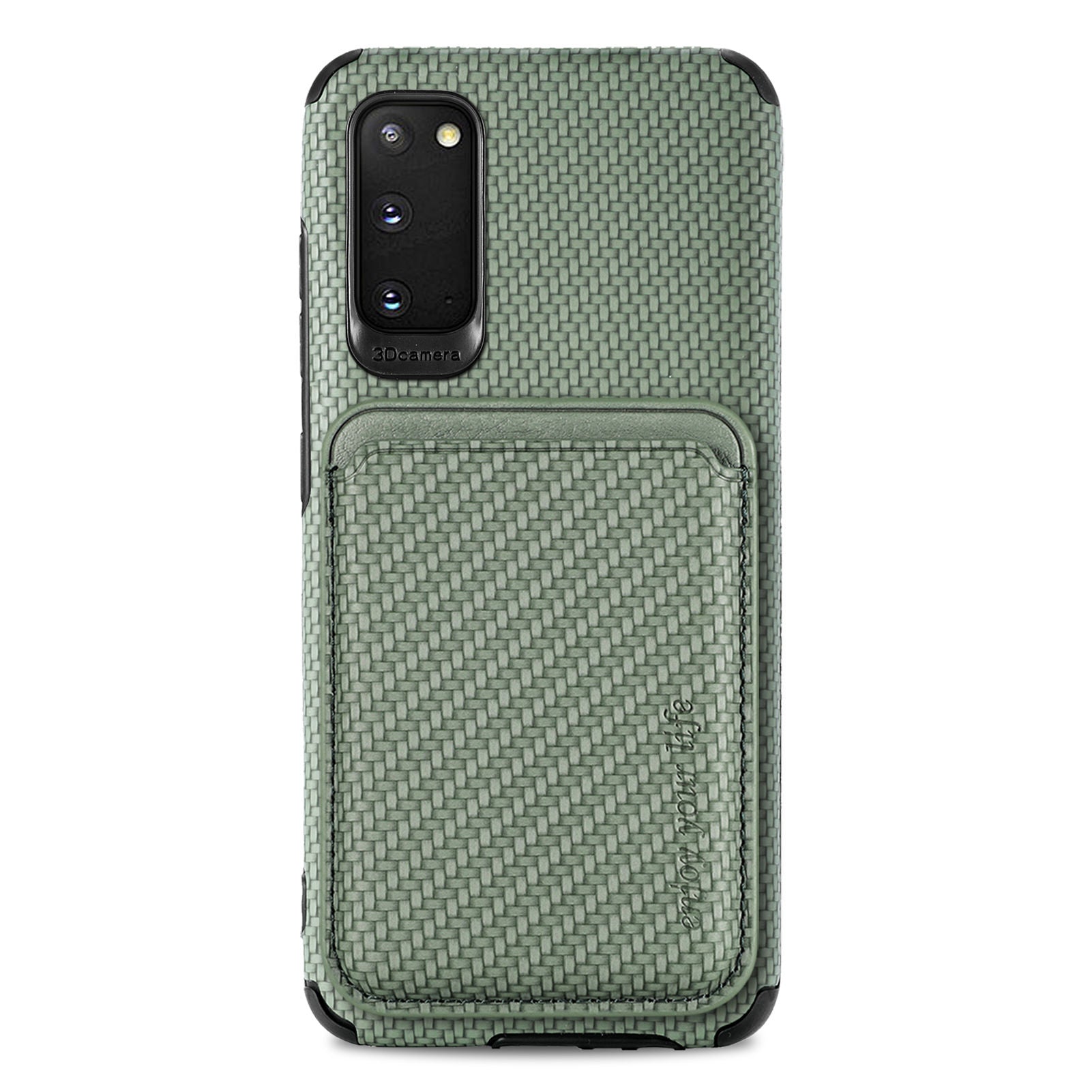 For Samsung Galaxy S20 4G/5G Smartphone Cover PU Leather Coated TPU + PVC Detachable Card Holder Carbon Fiber Texture Phone Case - Green