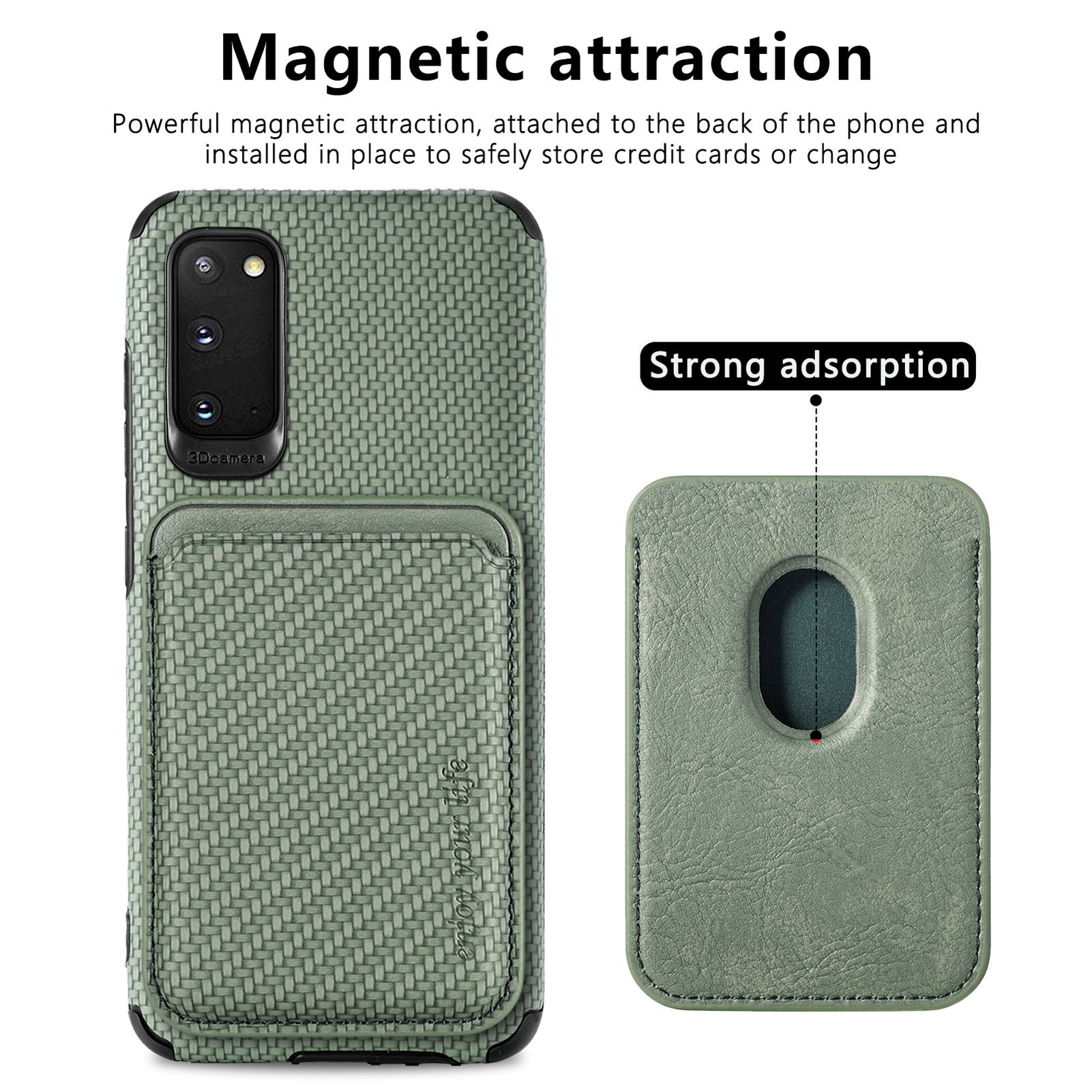 For Samsung Galaxy S20 4G/5G Smartphone Cover PU Leather Coated TPU + PVC Detachable Card Holder Carbon Fiber Texture Phone Case - Green