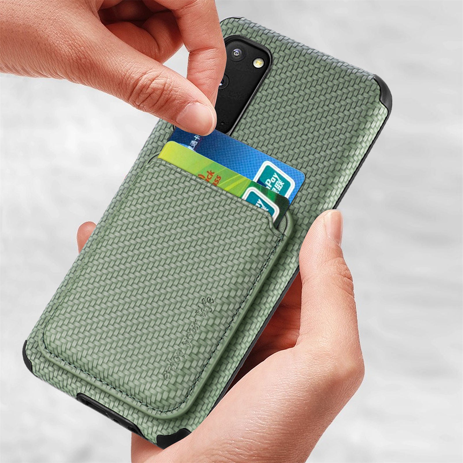 For Samsung Galaxy S20 4G/5G Smartphone Cover PU Leather Coated TPU + PVC Detachable Card Holder Carbon Fiber Texture Phone Case - Green