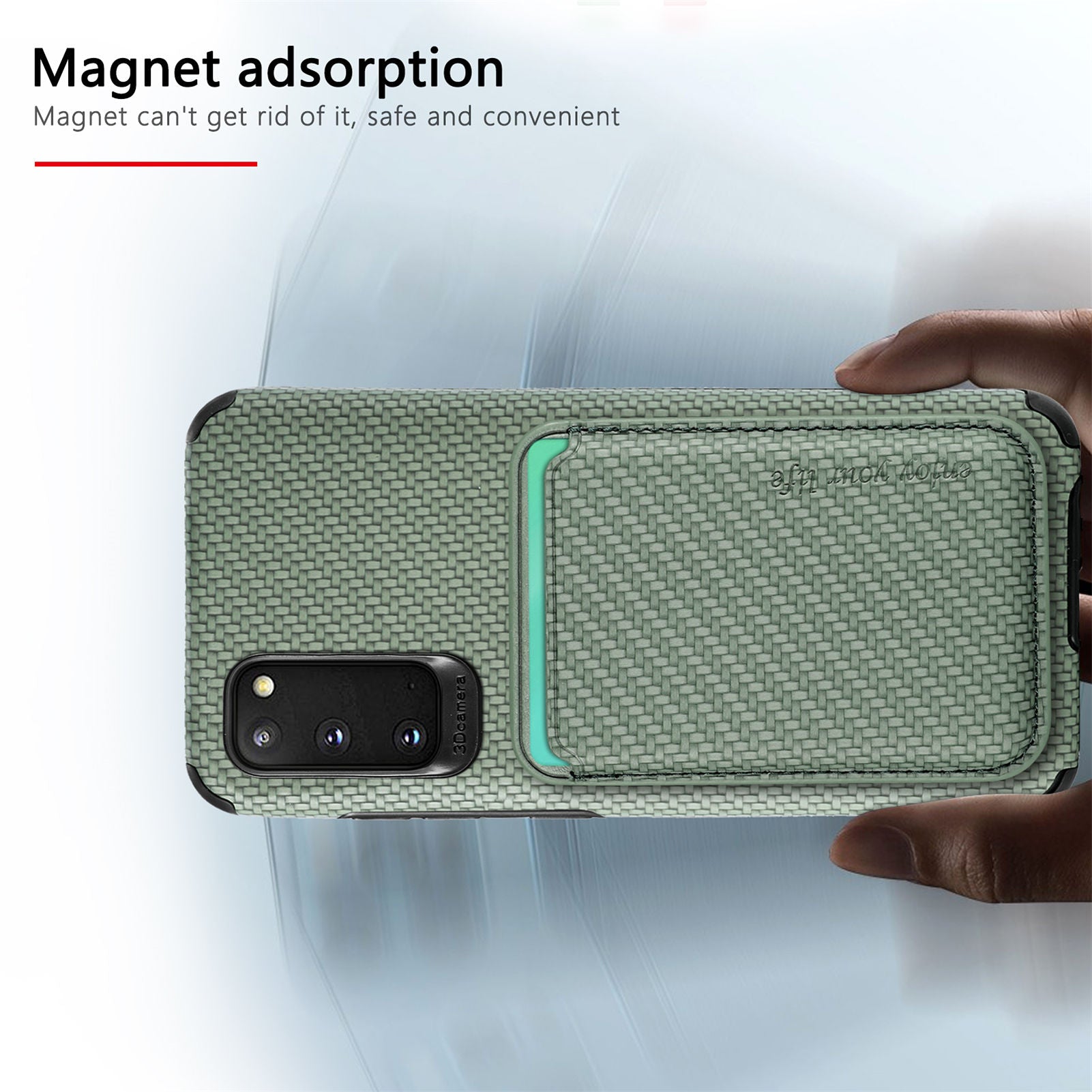 For Samsung Galaxy S20 4G/5G Smartphone Cover PU Leather Coated TPU + PVC Detachable Card Holder Carbon Fiber Texture Phone Case - Green