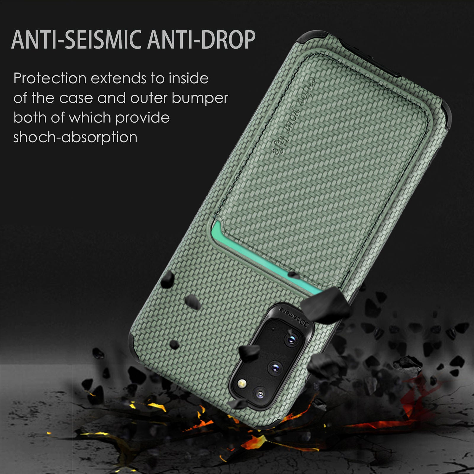 For Samsung Galaxy S20 4G/5G Smartphone Cover PU Leather Coated TPU + PVC Detachable Card Holder Carbon Fiber Texture Phone Case - Green