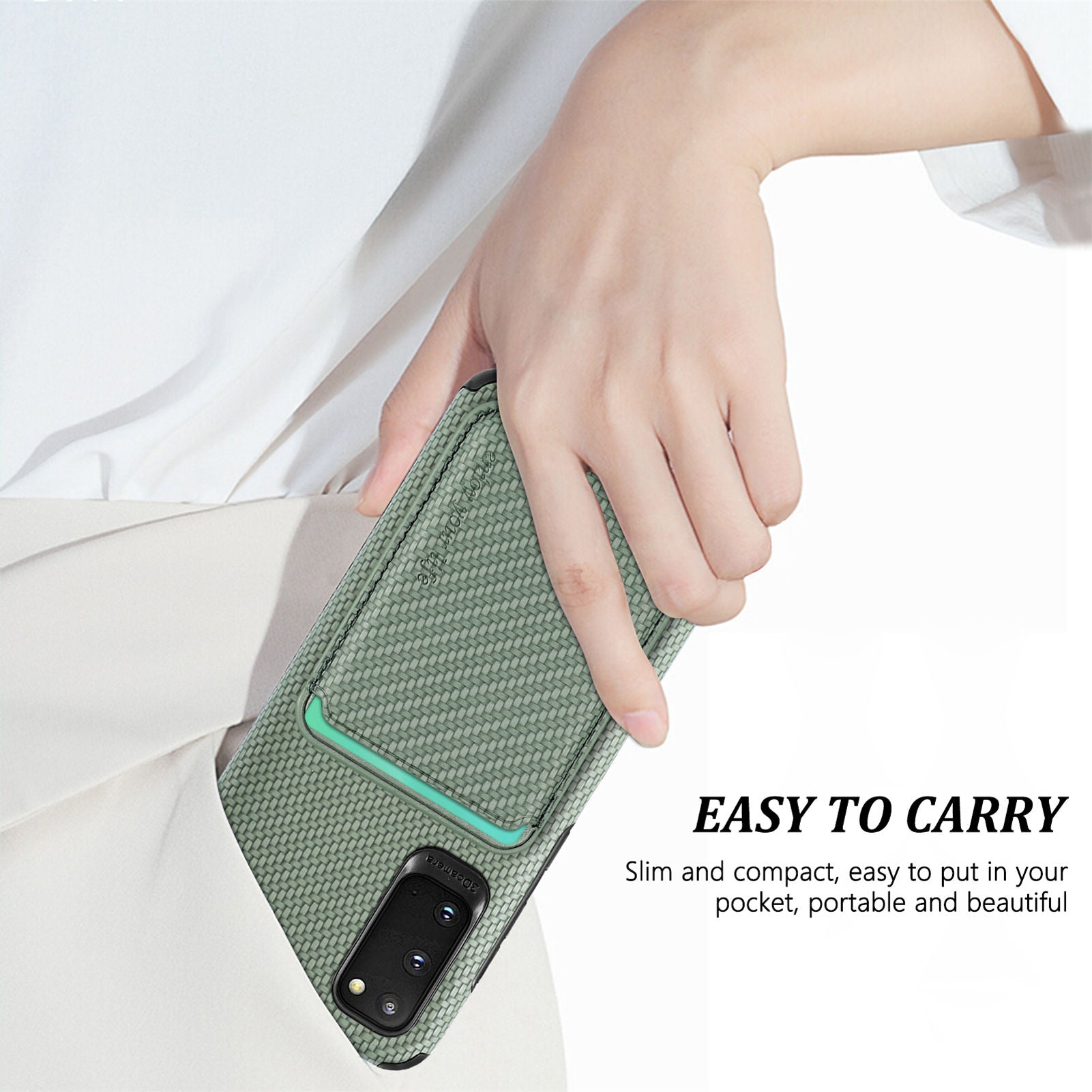 For Samsung Galaxy S20 4G/5G Smartphone Cover PU Leather Coated TPU + PVC Detachable Card Holder Carbon Fiber Texture Phone Case - Green