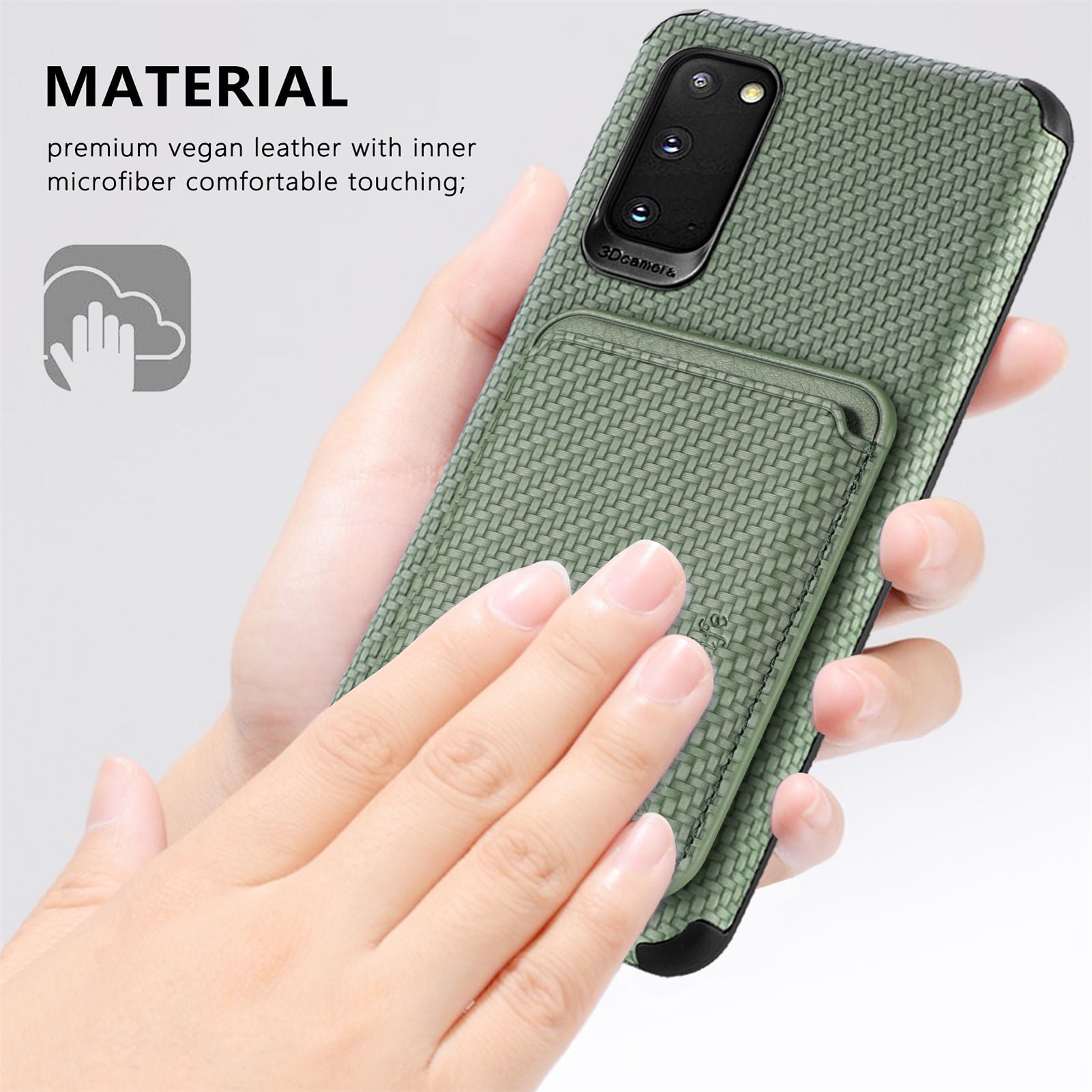 For Samsung Galaxy S20 4G/5G Smartphone Cover PU Leather Coated TPU + PVC Detachable Card Holder Carbon Fiber Texture Phone Case - Green