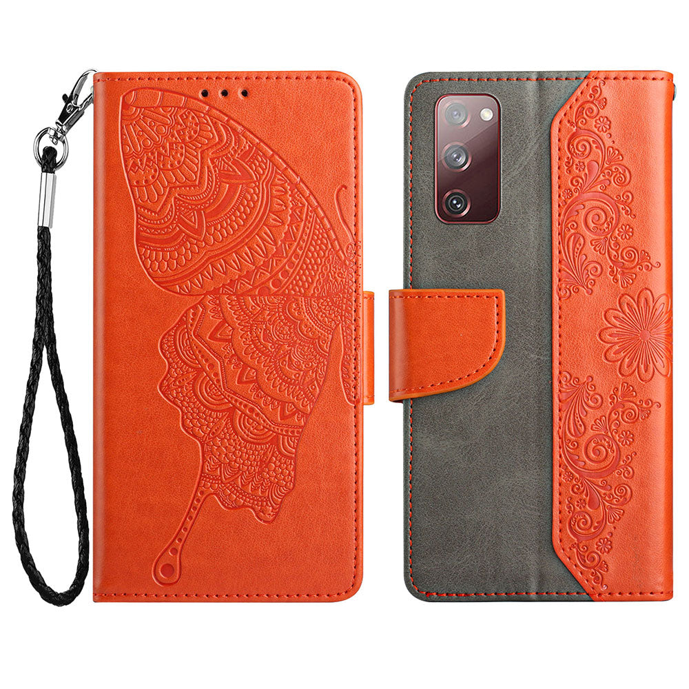 Wallet Stand Phone Case for Samsung Galaxy S20 FE 2022/S20 FE 4G/FE 5G/S20 Lite Scratch Resistant PU Leather Cover Butterfly Flower Imprinted Phone Protector - Orange