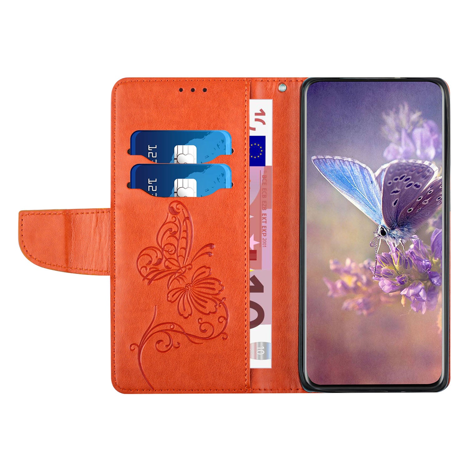 Wallet Stand Phone Case for Samsung Galaxy S20 FE 2022/S20 FE 4G/FE 5G/S20 Lite Scratch Resistant PU Leather Cover Butterfly Flower Imprinted Phone Protector - Orange