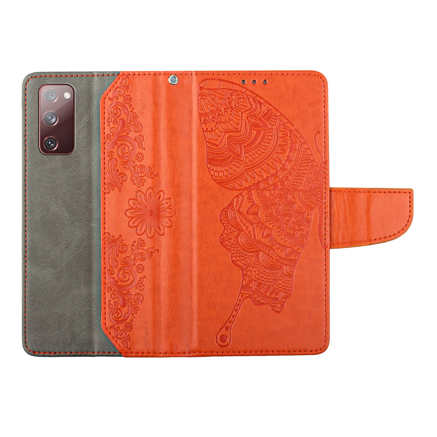 Wallet Stand Phone Case for Samsung Galaxy S20 FE 2022/S20 FE 4G/FE 5G/S20 Lite Scratch Resistant PU Leather Cover Butterfly Flower Imprinted Phone Protector - Orange