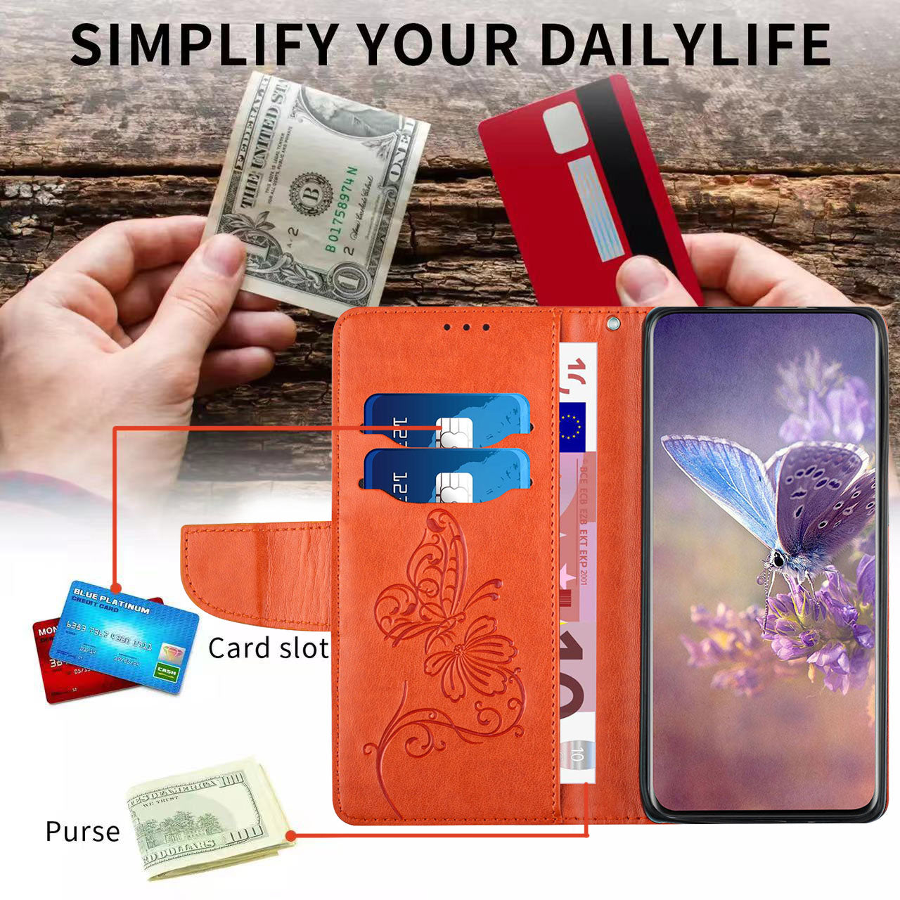 Wallet Stand Phone Case for Samsung Galaxy S20 FE 2022/S20 FE 4G/FE 5G/S20 Lite Scratch Resistant PU Leather Cover Butterfly Flower Imprinted Phone Protector - Orange