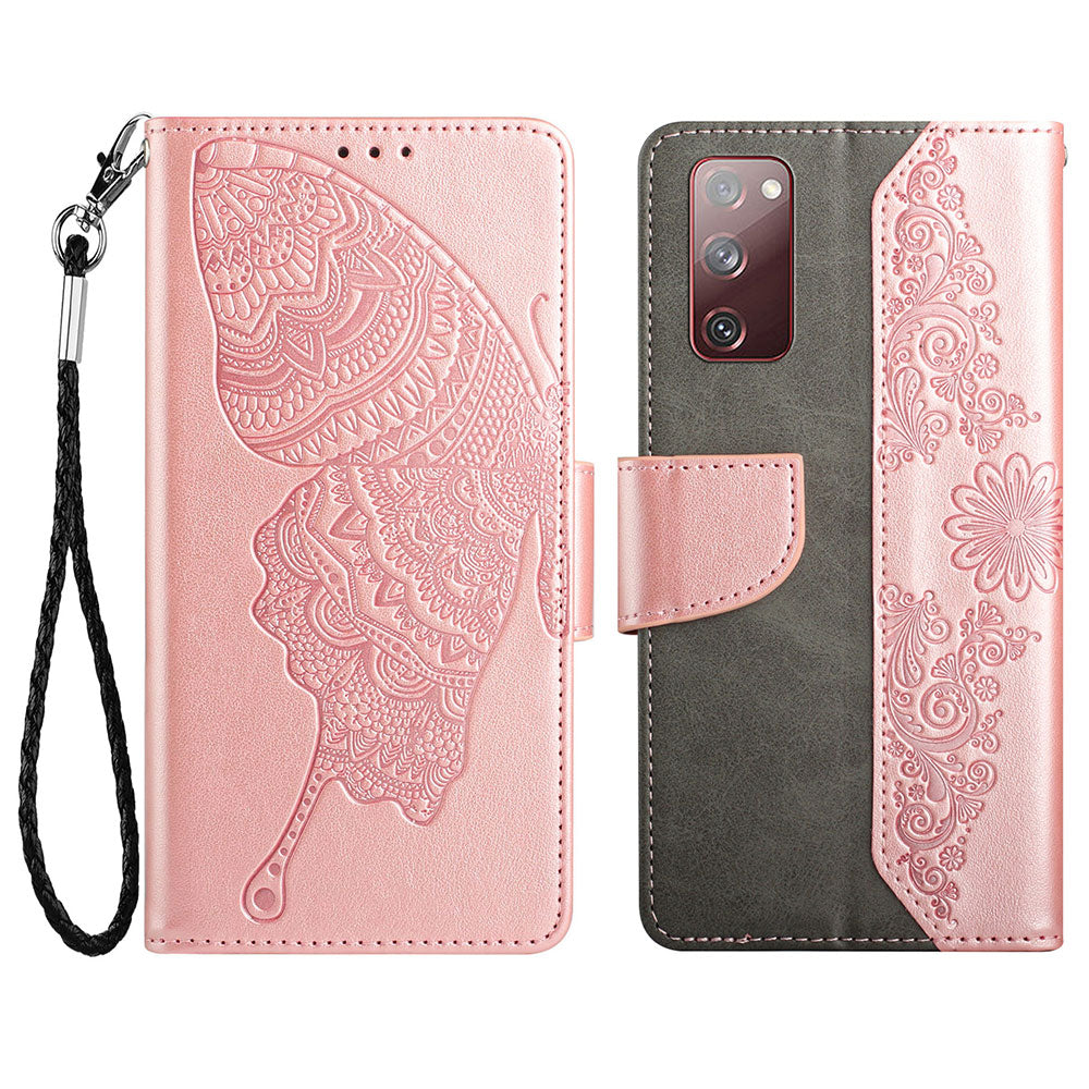 Wallet Stand Phone Case for Samsung Galaxy S20 FE 2022/S20 FE 4G/FE 5G/S20 Lite Scratch Resistant PU Leather Cover Butterfly Flower Imprinted Phone Protector - Rose Gold