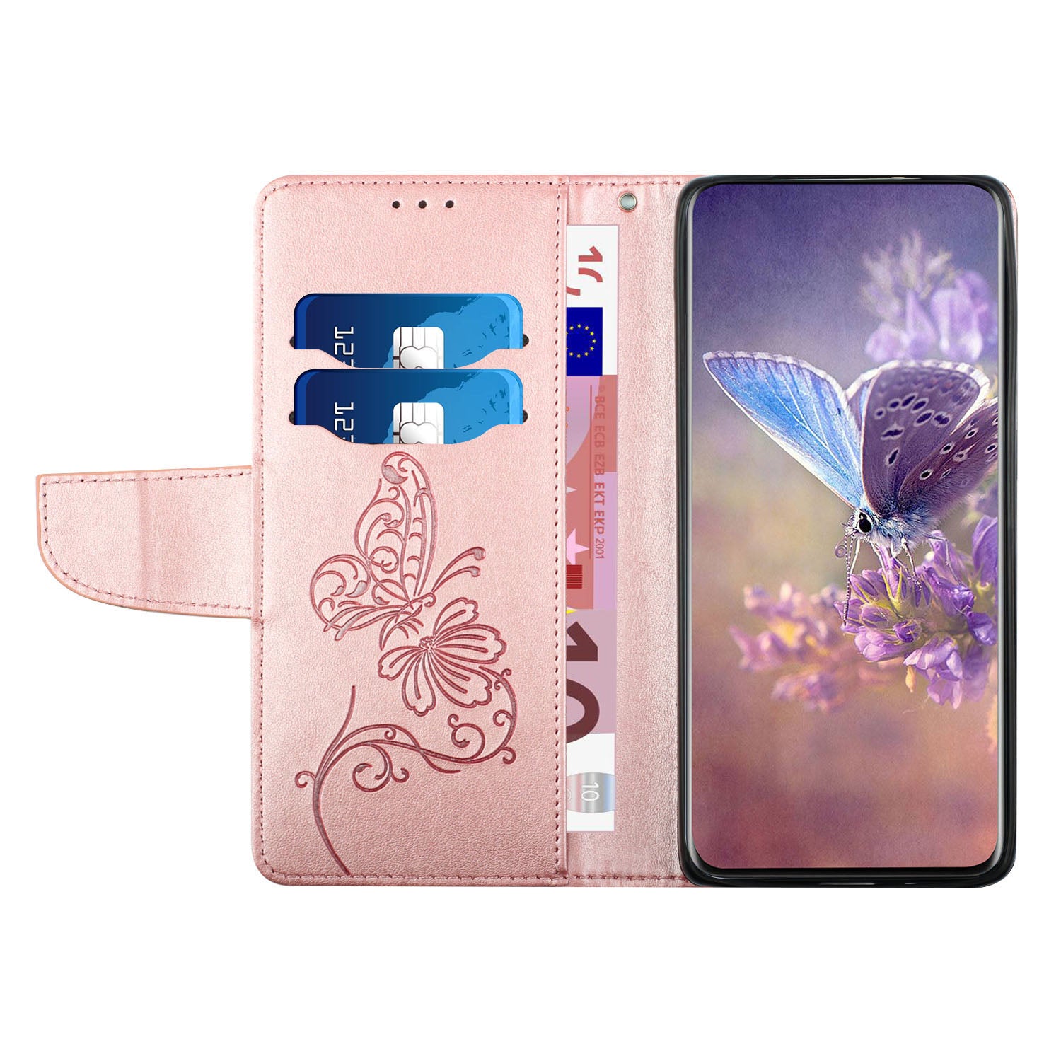 Wallet Stand Phone Case for Samsung Galaxy S20 FE 2022/S20 FE 4G/FE 5G/S20 Lite Scratch Resistant PU Leather Cover Butterfly Flower Imprinted Phone Protector - Rose Gold