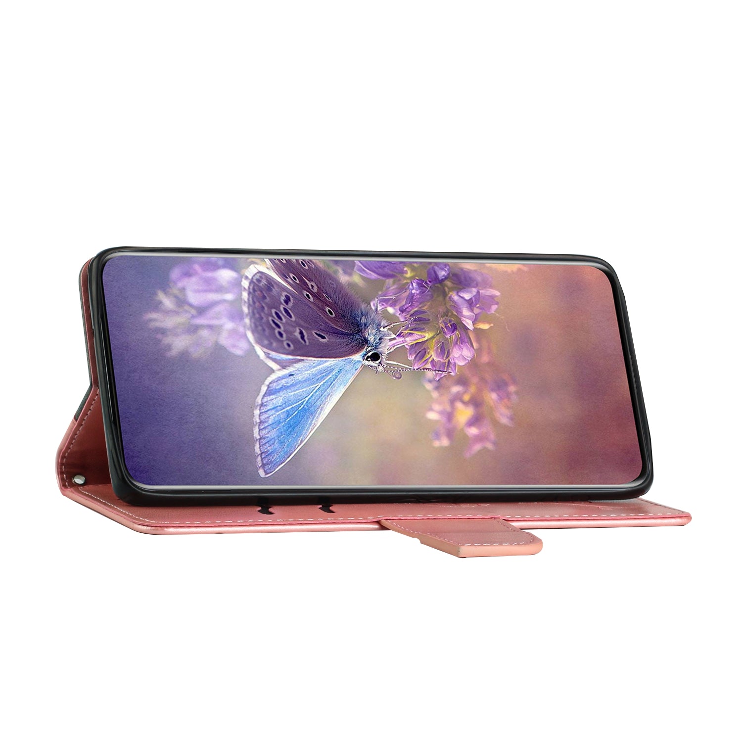 Wallet Stand Phone Case for Samsung Galaxy S20 FE 2022/S20 FE 4G/FE 5G/S20 Lite Scratch Resistant PU Leather Cover Butterfly Flower Imprinted Phone Protector - Rose Gold