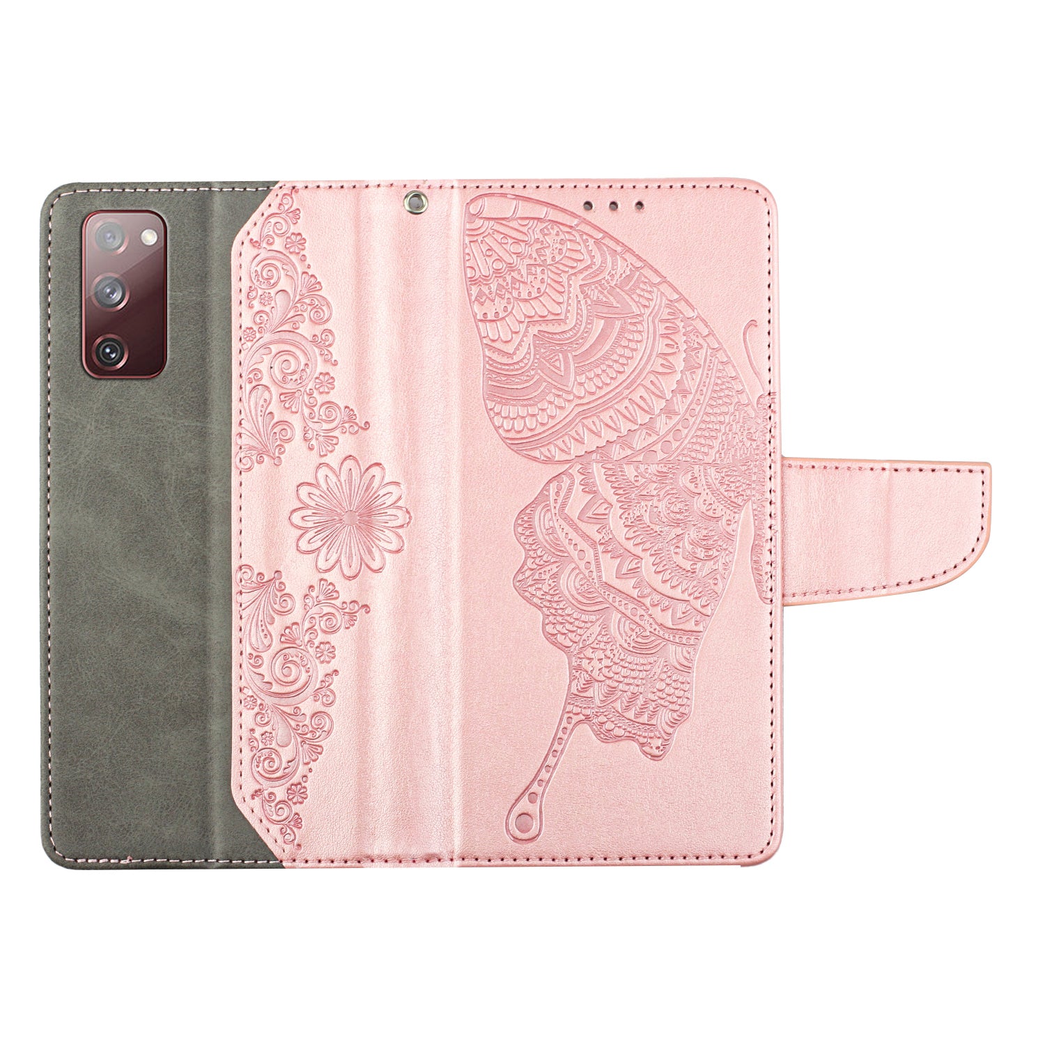 Wallet Stand Phone Case for Samsung Galaxy S20 FE 2022/S20 FE 4G/FE 5G/S20 Lite Scratch Resistant PU Leather Cover Butterfly Flower Imprinted Phone Protector - Rose Gold