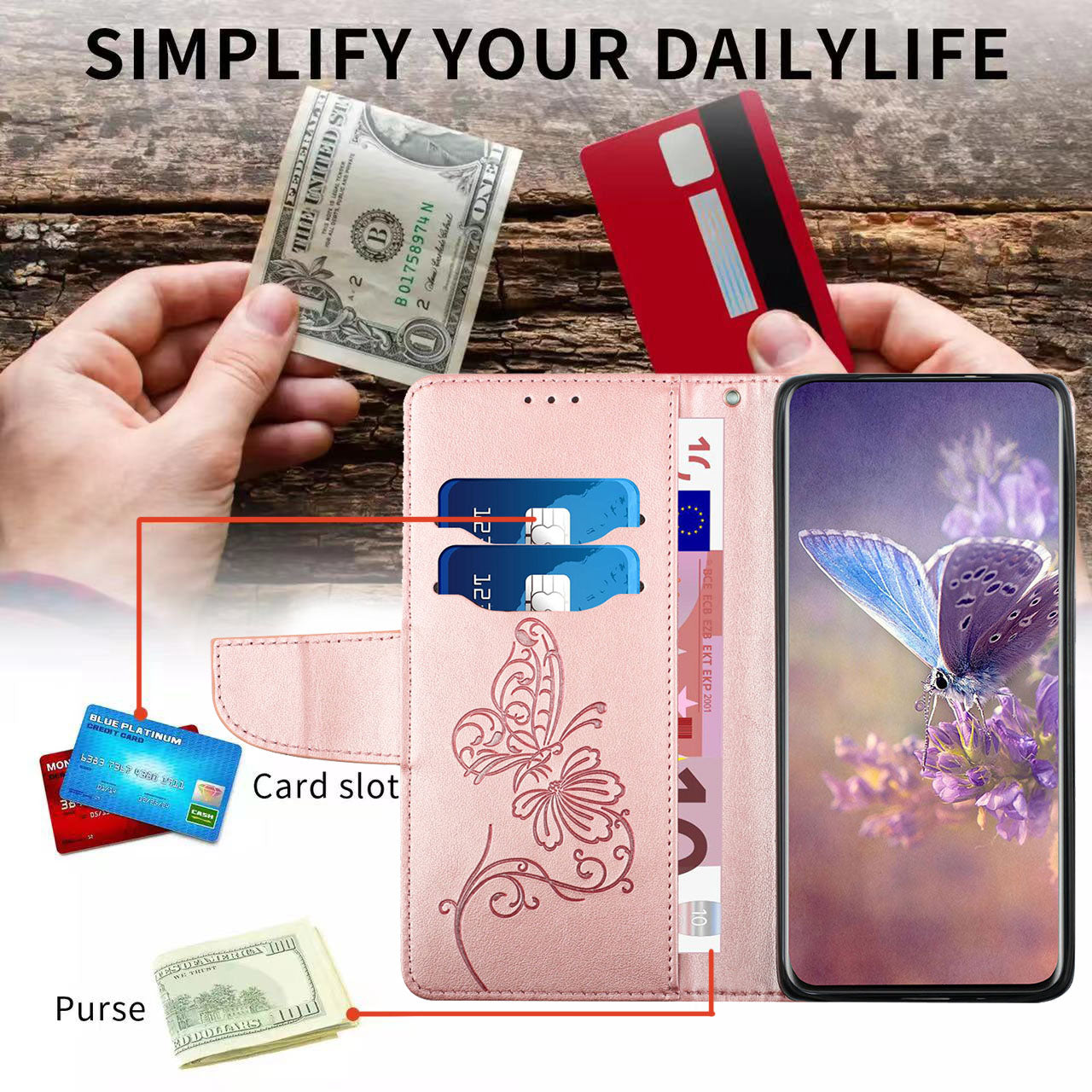 Wallet Stand Phone Case for Samsung Galaxy S20 FE 2022/S20 FE 4G/FE 5G/S20 Lite Scratch Resistant PU Leather Cover Butterfly Flower Imprinted Phone Protector - Rose Gold