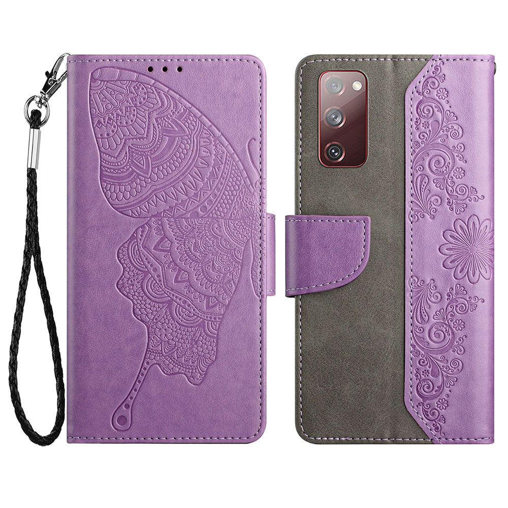 Wallet Stand Phone Case for Samsung Galaxy S20 FE 2022/S20 FE 4G/FE 5G/S20 Lite Scratch Resistant PU Leather Cover Butterfly Flower Imprinted Phone Protector - Purple