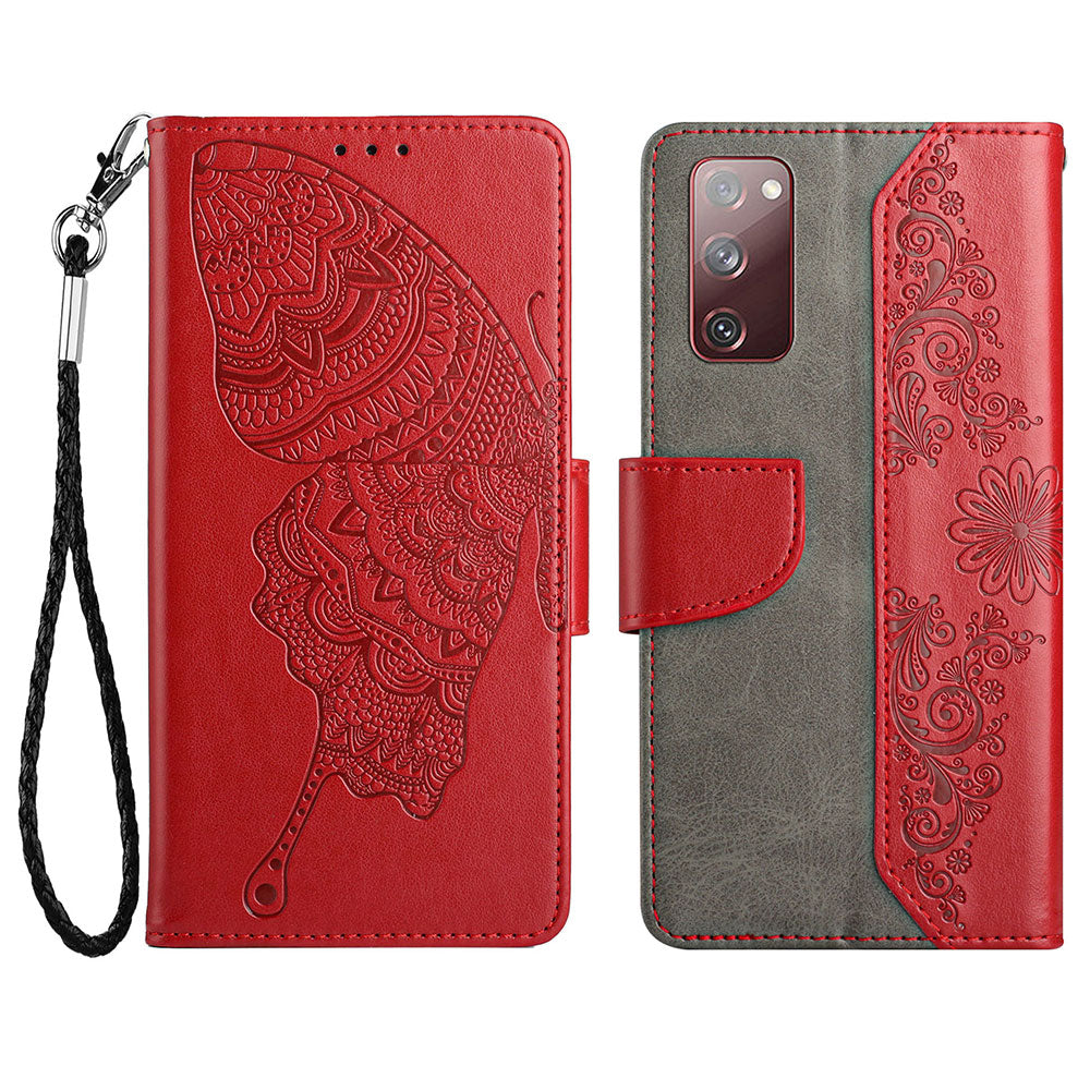 Wallet Stand Phone Case for Samsung Galaxy S20 FE 2022/S20 FE 4G/FE 5G/S20 Lite Scratch Resistant PU Leather Cover Butterfly Flower Imprinted Phone Protector - Red