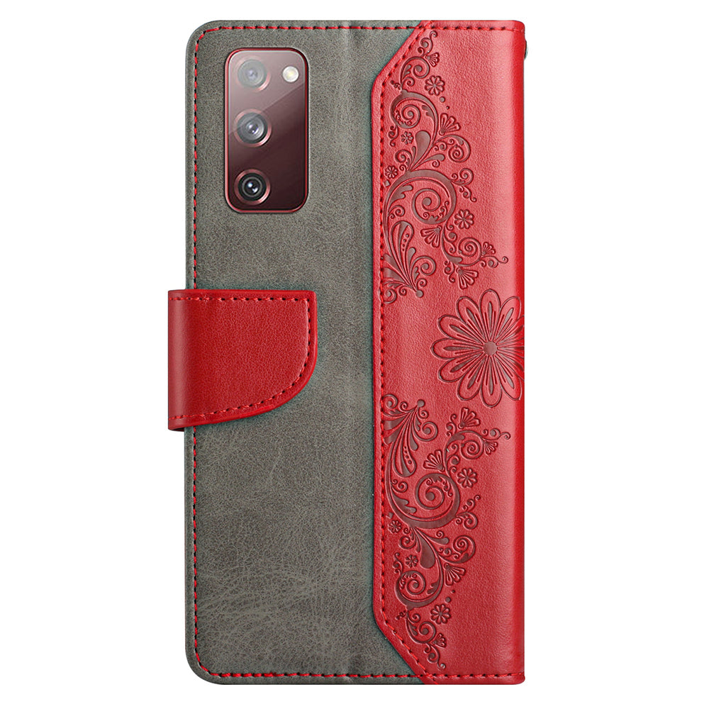 Wallet Stand Phone Case for Samsung Galaxy S20 FE 2022/S20 FE 4G/FE 5G/S20 Lite Scratch Resistant PU Leather Cover Butterfly Flower Imprinted Phone Protector - Red