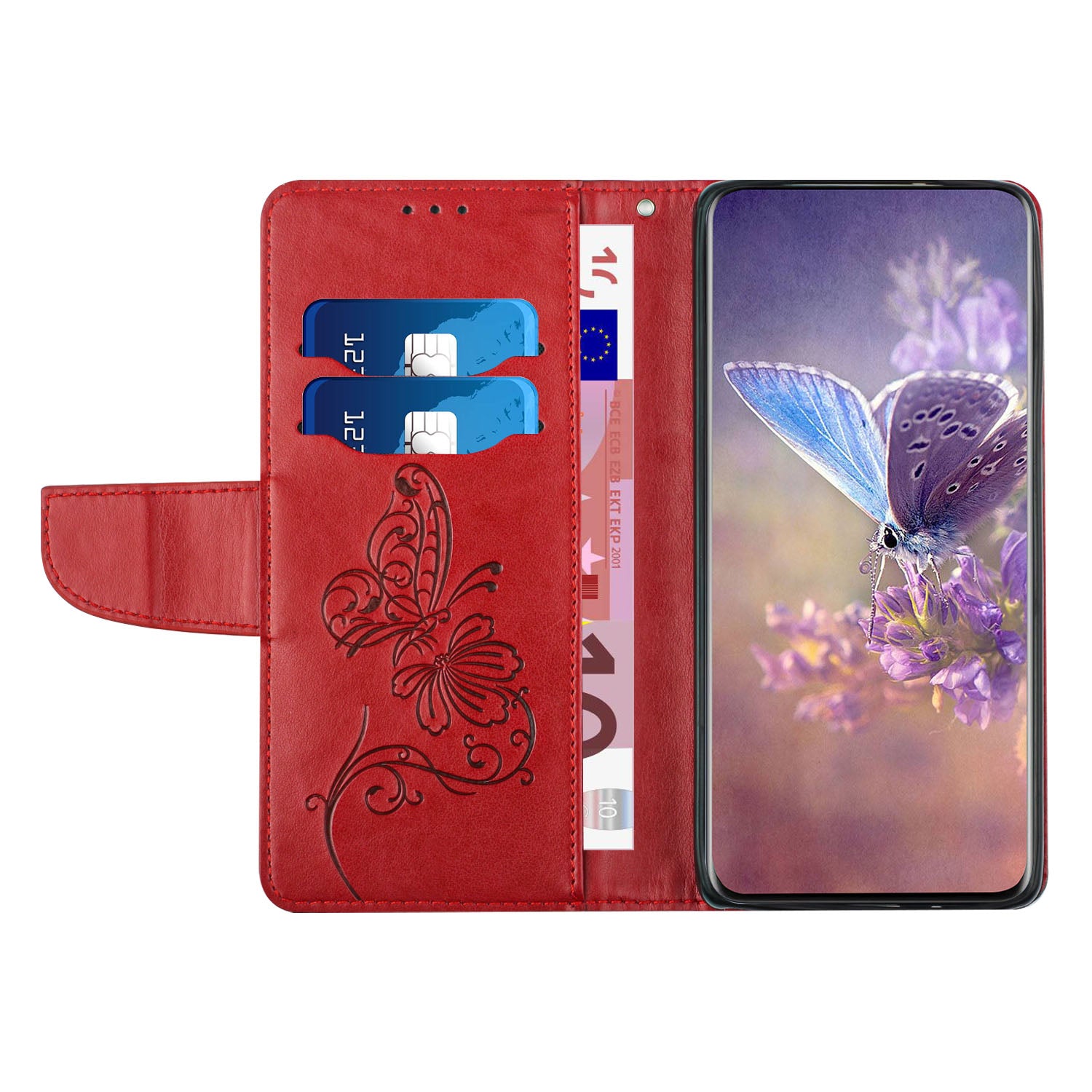 Wallet Stand Phone Case for Samsung Galaxy S20 FE 2022/S20 FE 4G/FE 5G/S20 Lite Scratch Resistant PU Leather Cover Butterfly Flower Imprinted Phone Protector - Red