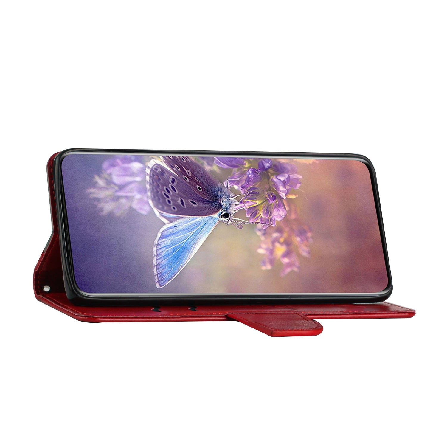 Wallet Stand Phone Case for Samsung Galaxy S20 FE 2022/S20 FE 4G/FE 5G/S20 Lite Scratch Resistant PU Leather Cover Butterfly Flower Imprinted Phone Protector - Red