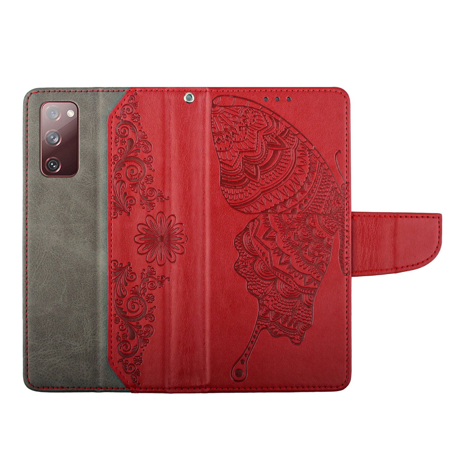 Wallet Stand Phone Case for Samsung Galaxy S20 FE 2022/S20 FE 4G/FE 5G/S20 Lite Scratch Resistant PU Leather Cover Butterfly Flower Imprinted Phone Protector - Red