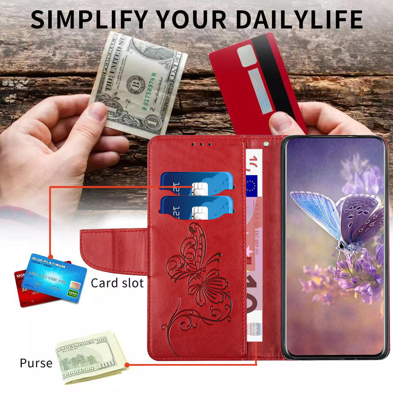 Wallet Stand Phone Case for Samsung Galaxy S20 FE 2022/S20 FE 4G/FE 5G/S20 Lite Scratch Resistant PU Leather Cover Butterfly Flower Imprinted Phone Protector - Red