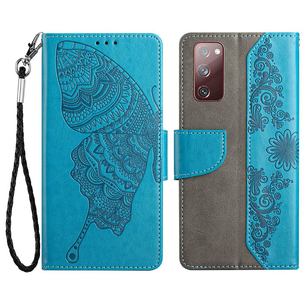 Wallet Stand Phone Case for Samsung Galaxy S20 FE 2022/S20 FE 4G/FE 5G/S20 Lite Scratch Resistant PU Leather Cover Butterfly Flower Imprinted Phone Protector - Blue