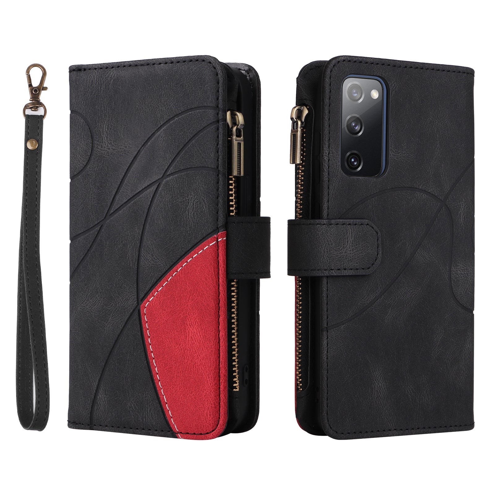 For Samsung Galaxy S20 FE 2022/S20 FE 5G/S20 FE 4G/S20 Lite KT Multi-function Series-5 Stylish Bi-color Splicing PU Leather Shockproof Case Zipper Pocket Multiple Card Slots Cover Shell - Black