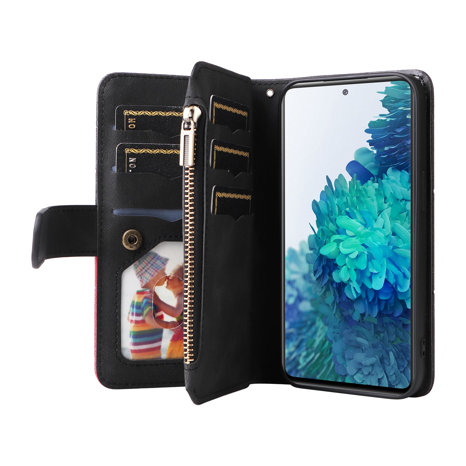 For Samsung Galaxy S20 FE 2022/S20 FE 5G/S20 FE 4G/S20 Lite KT Multi-function Series-5 Stylish Bi-color Splicing PU Leather Shockproof Case Zipper Pocket Multiple Card Slots Cover Shell - Black