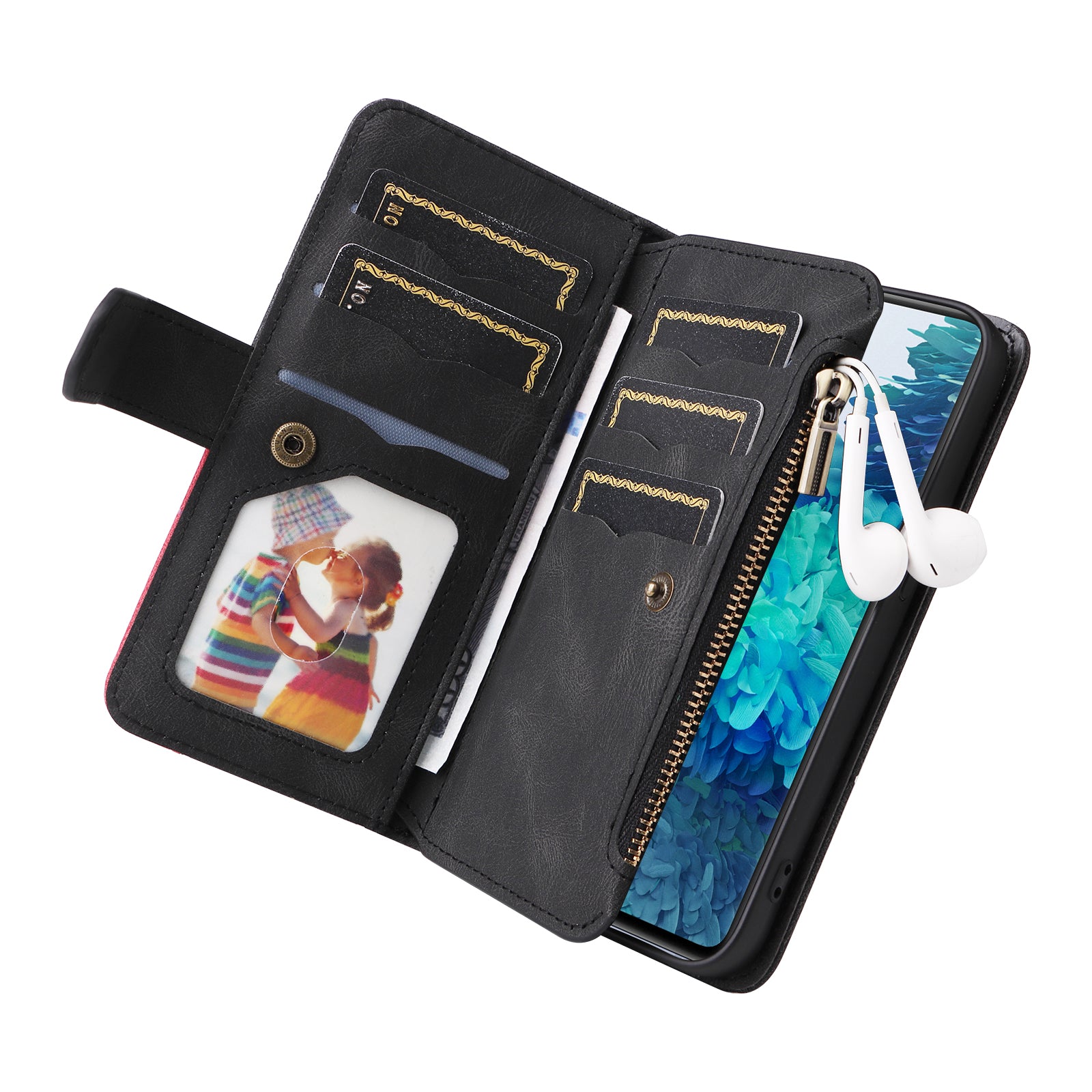 For Samsung Galaxy S20 FE 2022/S20 FE 5G/S20 FE 4G/S20 Lite KT Multi-function Series-5 Stylish Bi-color Splicing PU Leather Shockproof Case Zipper Pocket Multiple Card Slots Cover Shell - Black