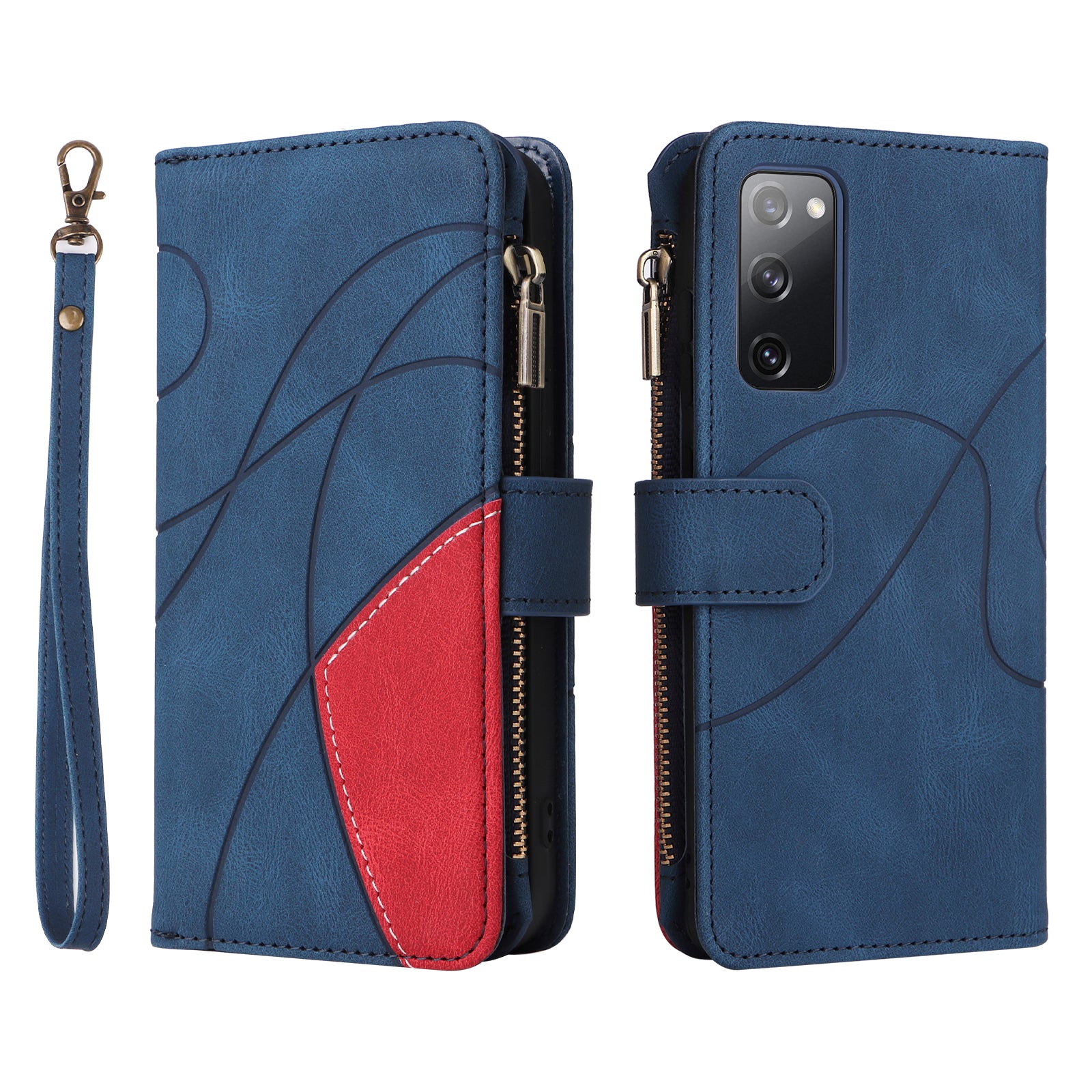 For Samsung Galaxy S20 FE 2022/S20 FE 5G/S20 FE 4G/S20 Lite KT Multi-function Series-5 Stylish Bi-color Splicing PU Leather Shockproof Case Zipper Pocket Multiple Card Slots Cover Shell - Blue