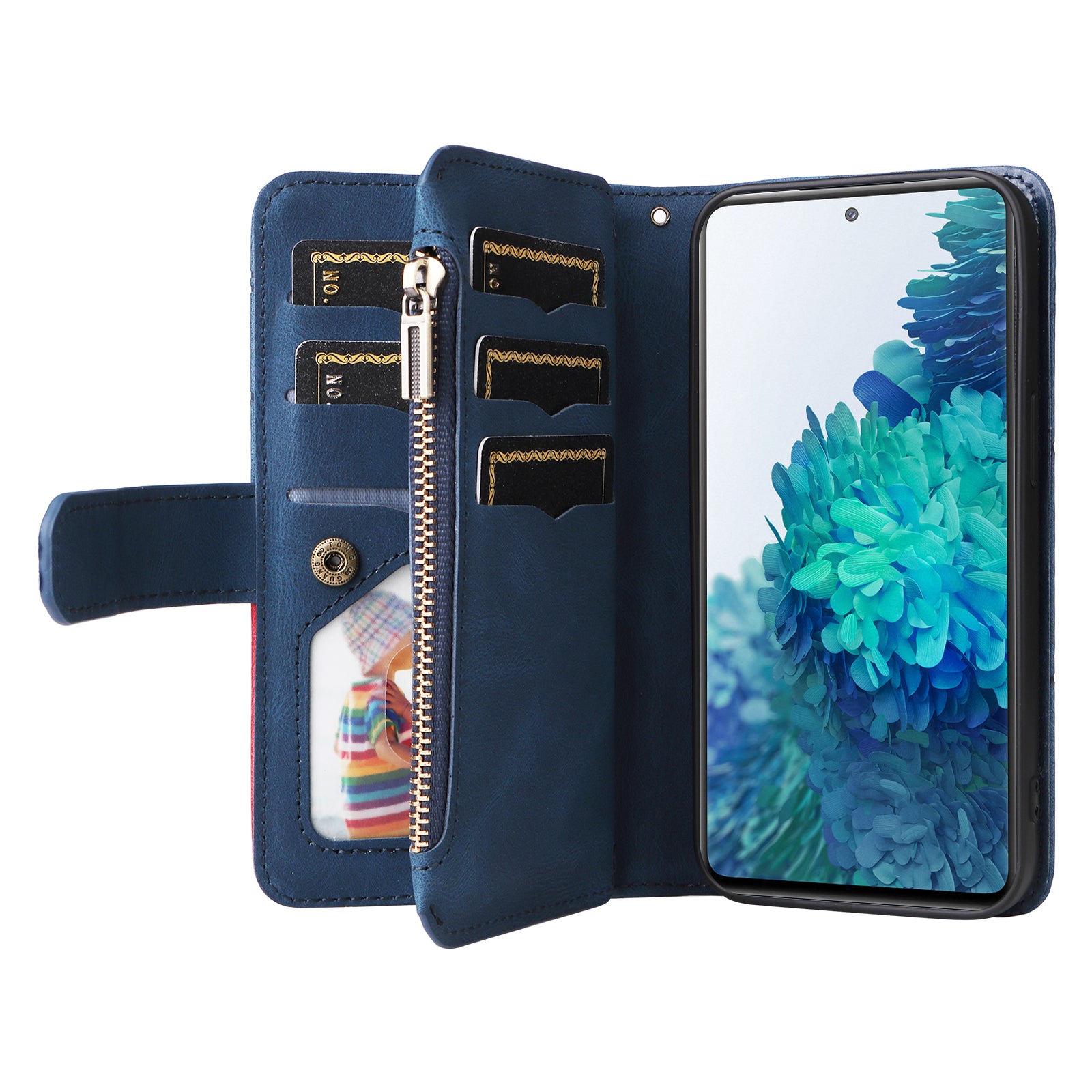 For Samsung Galaxy S20 FE 2022/S20 FE 5G/S20 FE 4G/S20 Lite KT Multi-function Series-5 Stylish Bi-color Splicing PU Leather Shockproof Case Zipper Pocket Multiple Card Slots Cover Shell - Blue