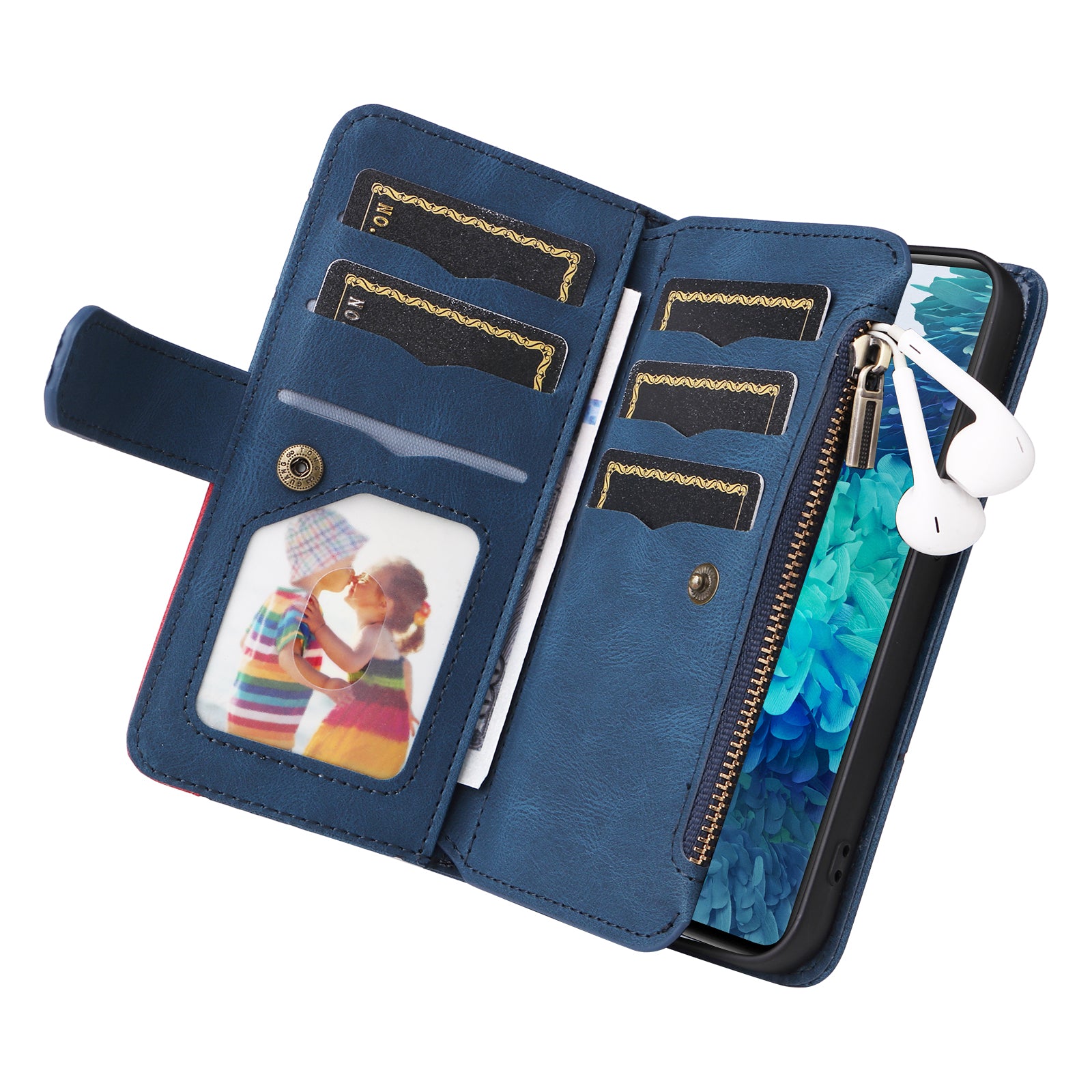 For Samsung Galaxy S20 FE 2022/S20 FE 5G/S20 FE 4G/S20 Lite KT Multi-function Series-5 Stylish Bi-color Splicing PU Leather Shockproof Case Zipper Pocket Multiple Card Slots Cover Shell - Blue