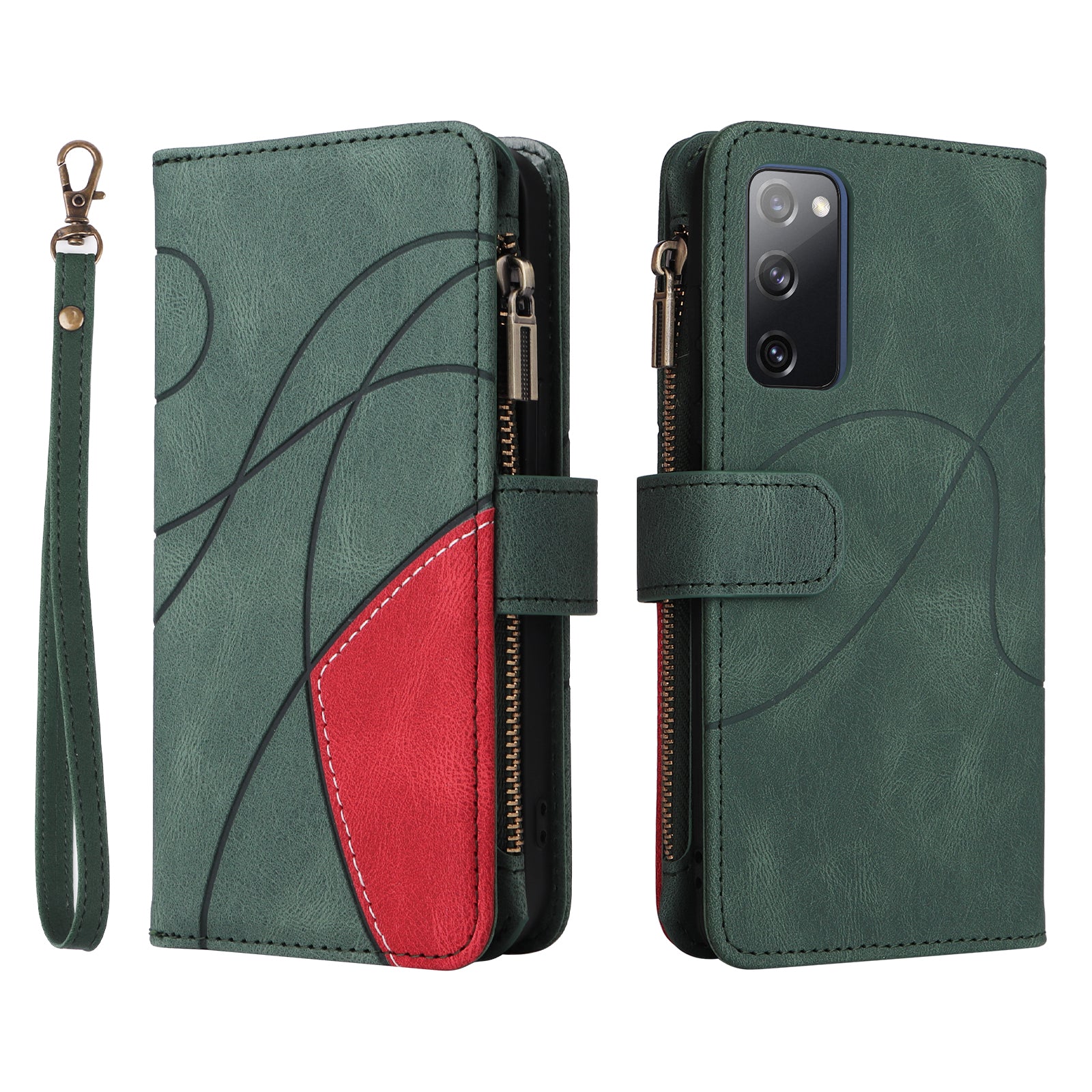 For Samsung Galaxy S20 FE 2022/S20 FE 5G/S20 FE 4G/S20 Lite KT Multi-function Series-5 Stylish Bi-color Splicing PU Leather Shockproof Case Zipper Pocket Multiple Card Slots Cover Shell - Green