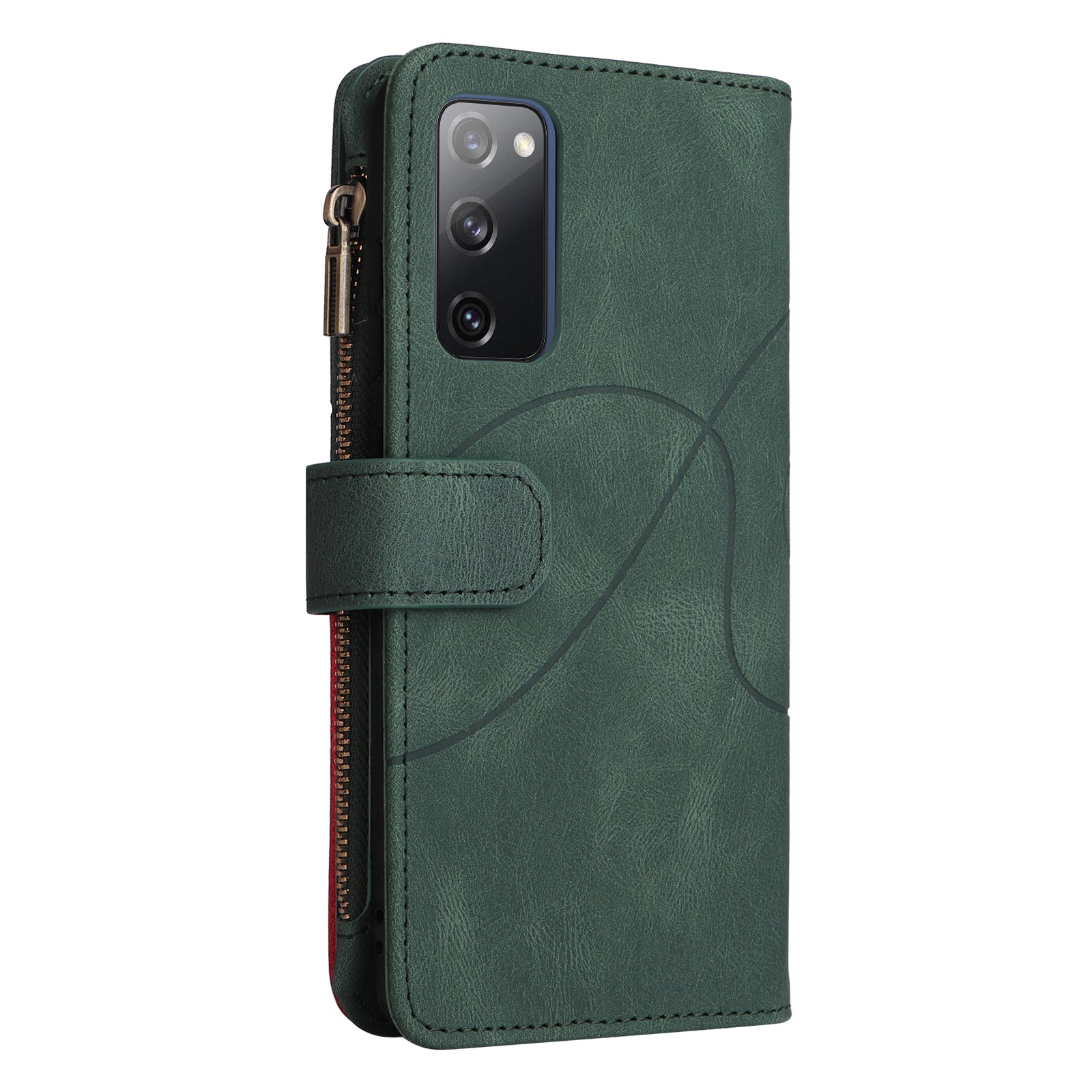 For Samsung Galaxy S20 FE 2022/S20 FE 5G/S20 FE 4G/S20 Lite KT Multi-function Series-5 Stylish Bi-color Splicing PU Leather Shockproof Case Zipper Pocket Multiple Card Slots Cover Shell - Green