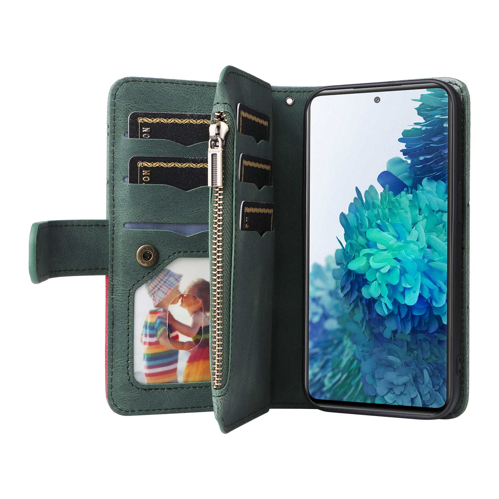 For Samsung Galaxy S20 FE 2022/S20 FE 5G/S20 FE 4G/S20 Lite KT Multi-function Series-5 Stylish Bi-color Splicing PU Leather Shockproof Case Zipper Pocket Multiple Card Slots Cover Shell - Green