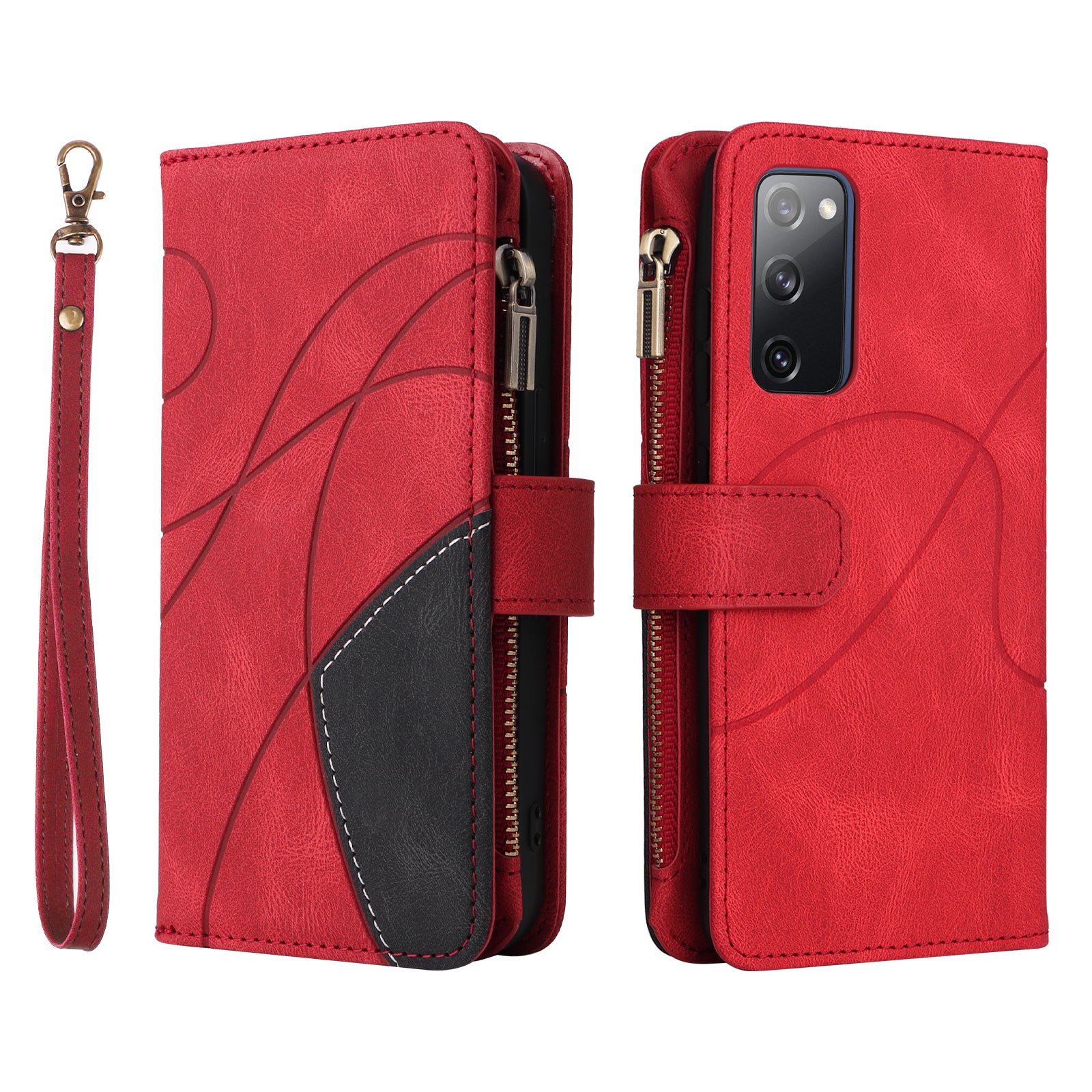 For Samsung Galaxy S20 FE 2022/S20 FE 5G/S20 FE 4G/S20 Lite KT Multi-function Series-5 Stylish Bi-color Splicing PU Leather Shockproof Case Zipper Pocket Multiple Card Slots Cover Shell - Red