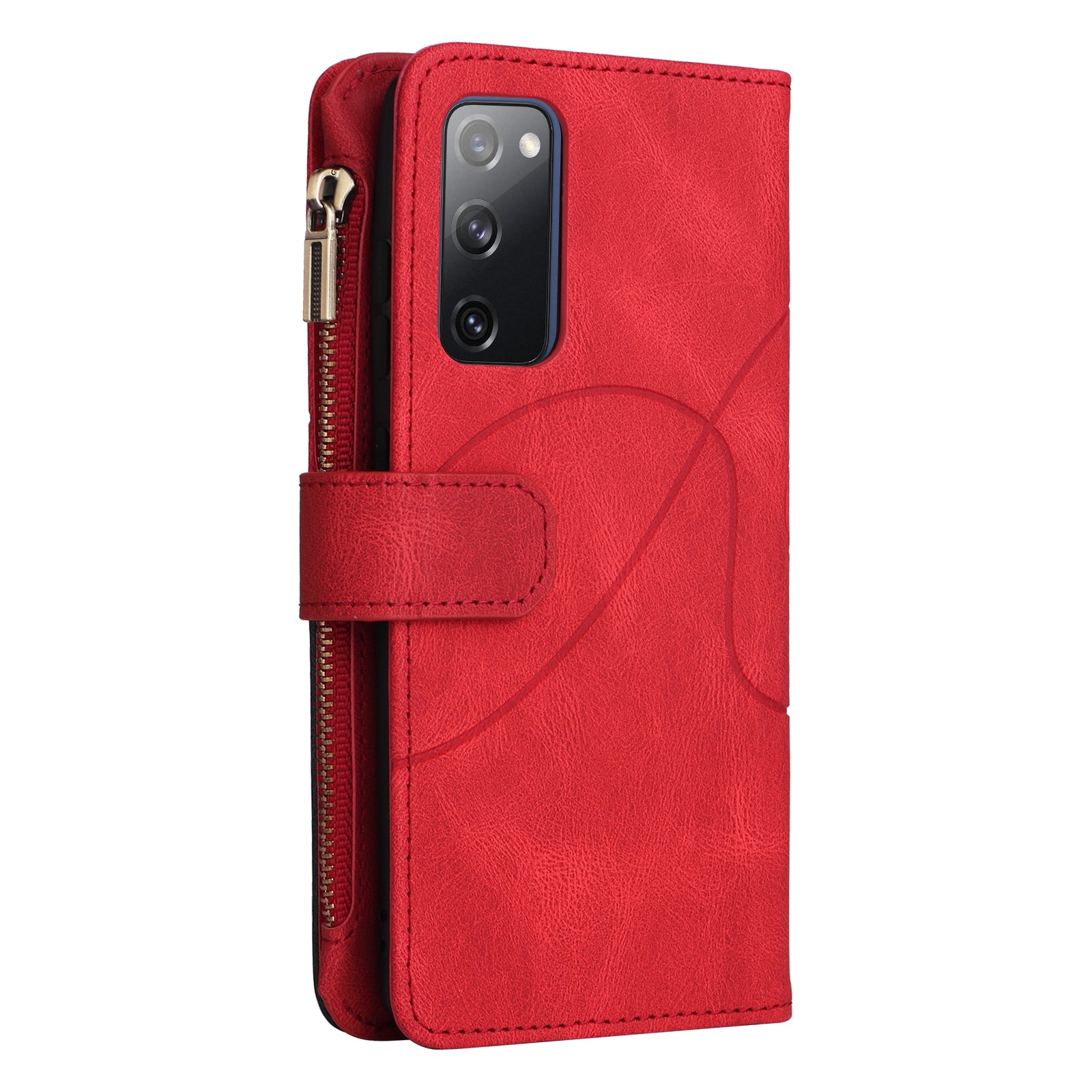 For Samsung Galaxy S20 FE 2022/S20 FE 5G/S20 FE 4G/S20 Lite KT Multi-function Series-5 Stylish Bi-color Splicing PU Leather Shockproof Case Zipper Pocket Multiple Card Slots Cover Shell - Red