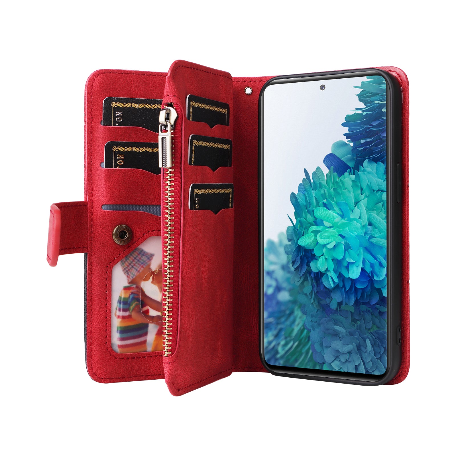 For Samsung Galaxy S20 FE 2022/S20 FE 5G/S20 FE 4G/S20 Lite KT Multi-function Series-5 Stylish Bi-color Splicing PU Leather Shockproof Case Zipper Pocket Multiple Card Slots Cover Shell - Red