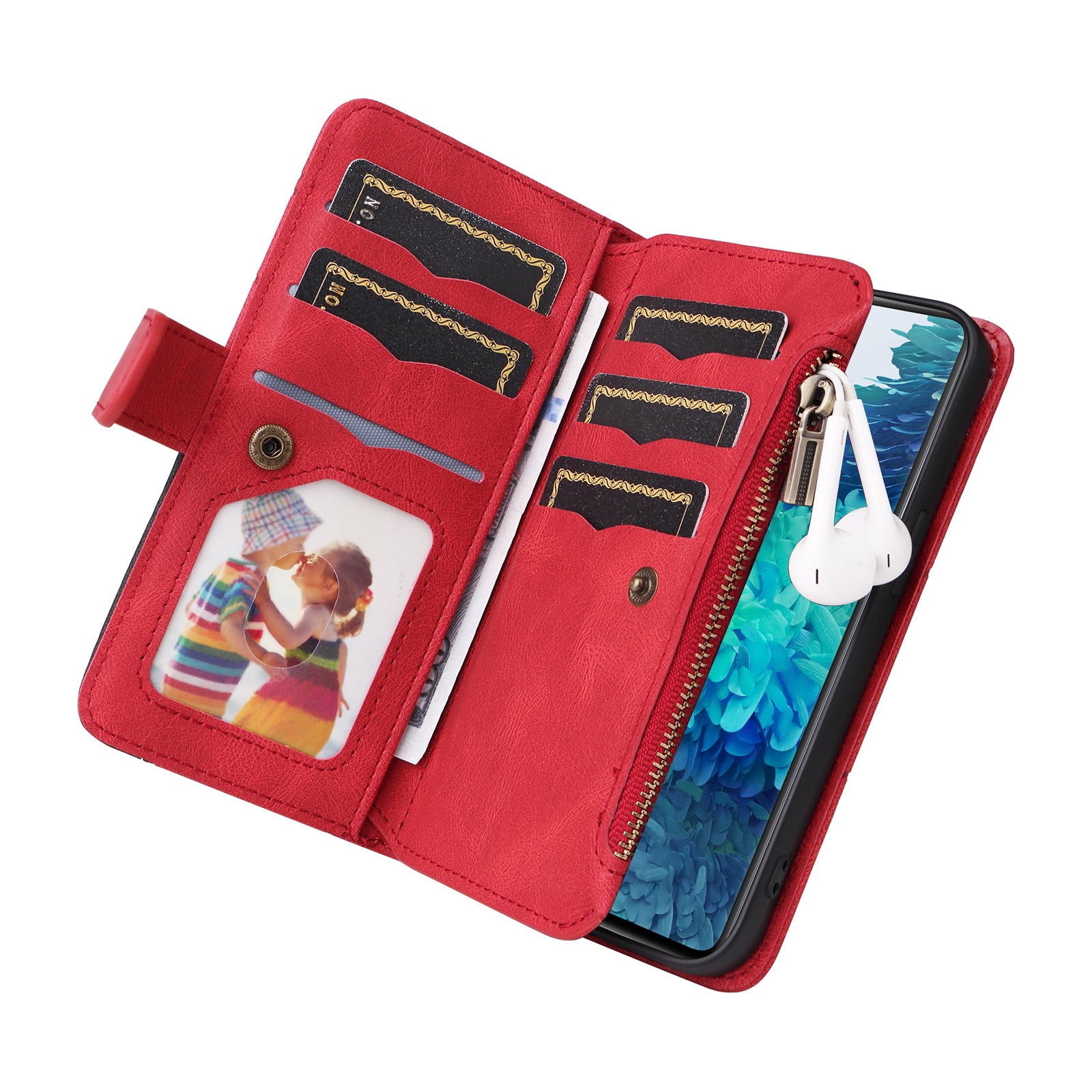 For Samsung Galaxy S20 FE 2022/S20 FE 5G/S20 FE 4G/S20 Lite KT Multi-function Series-5 Stylish Bi-color Splicing PU Leather Shockproof Case Zipper Pocket Multiple Card Slots Cover Shell - Red