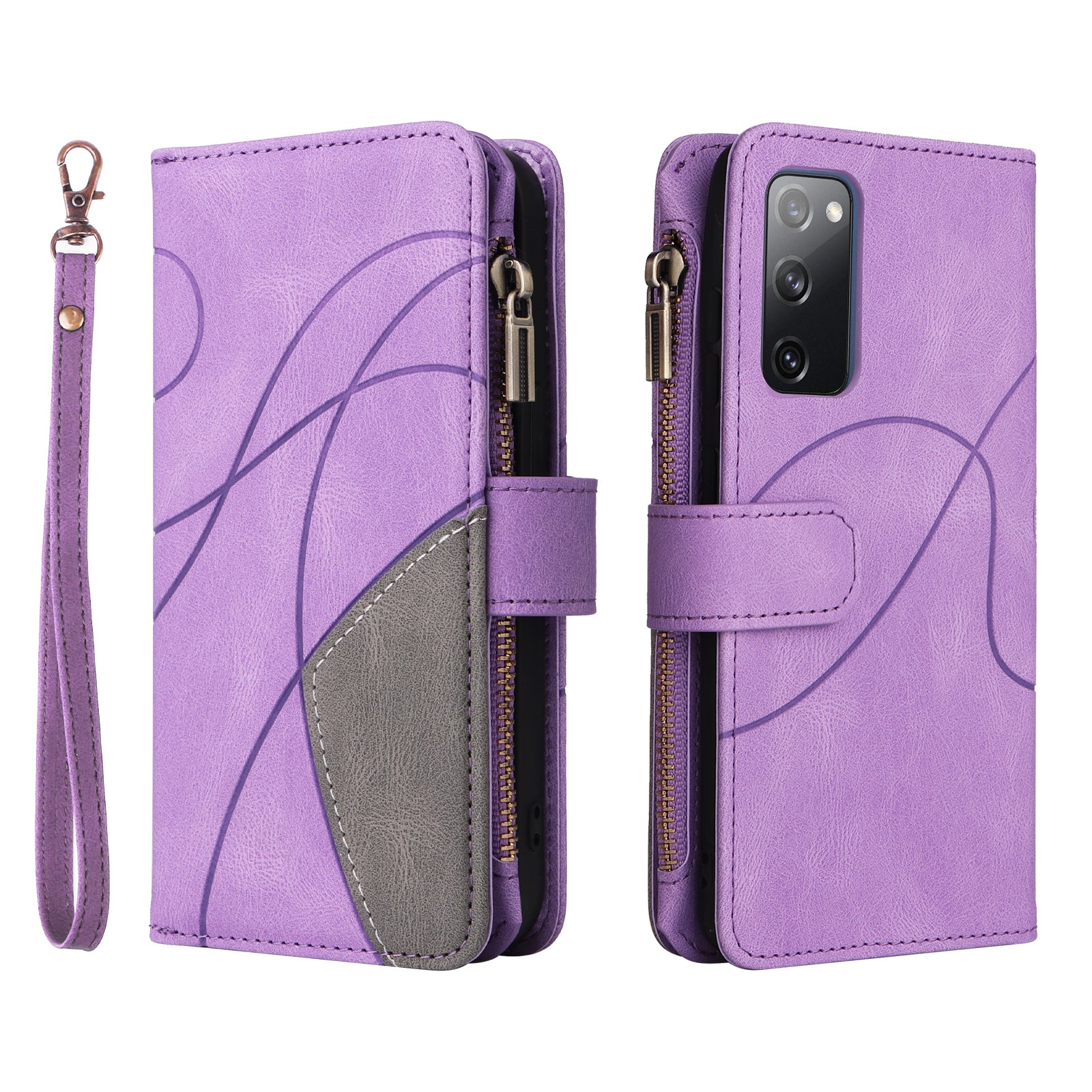 For Samsung Galaxy S20 FE 2022/S20 FE 5G/S20 FE 4G/S20 Lite KT Multi-function Series-5 Stylish Bi-color Splicing PU Leather Shockproof Case Zipper Pocket Multiple Card Slots Cover Shell - Light Purple