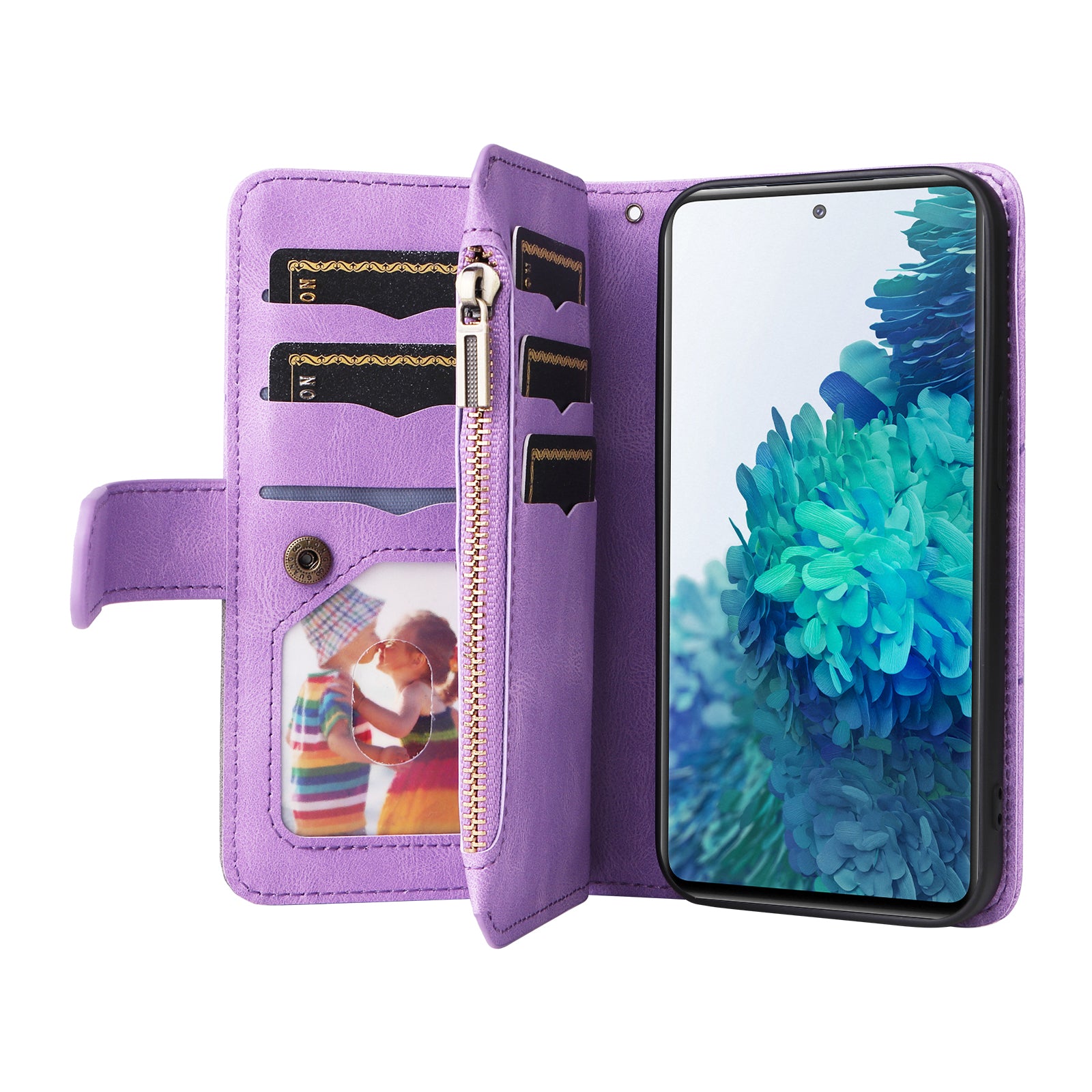 For Samsung Galaxy S20 FE 2022/S20 FE 5G/S20 FE 4G/S20 Lite KT Multi-function Series-5 Stylish Bi-color Splicing PU Leather Shockproof Case Zipper Pocket Multiple Card Slots Cover Shell - Light Purple