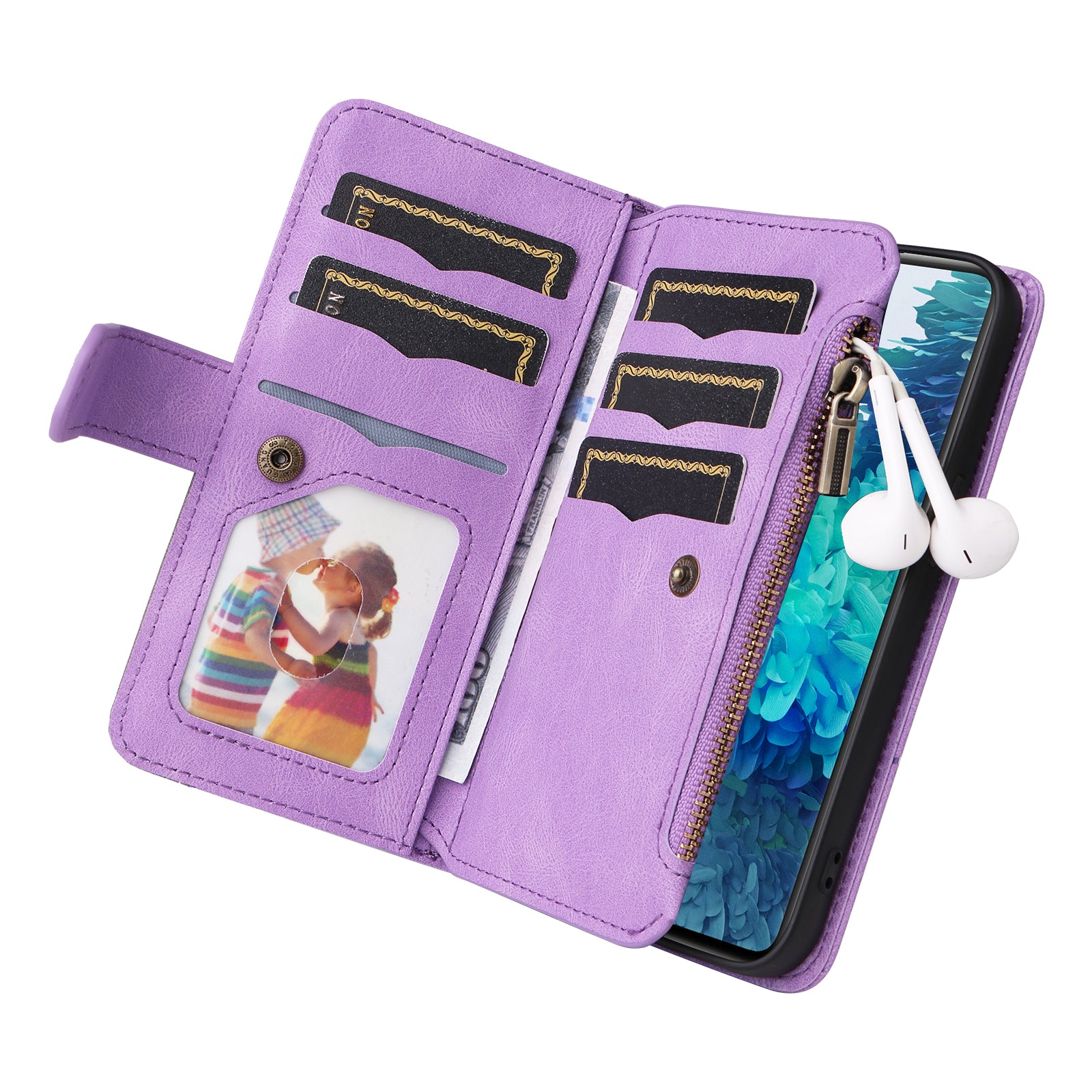 For Samsung Galaxy S20 FE 2022/S20 FE 5G/S20 FE 4G/S20 Lite KT Multi-function Series-5 Stylish Bi-color Splicing PU Leather Shockproof Case Zipper Pocket Multiple Card Slots Cover Shell - Light Purple