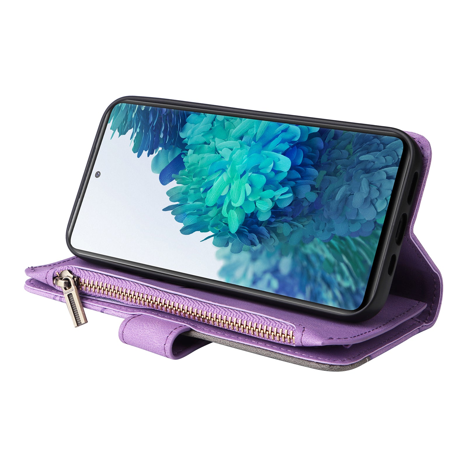 For Samsung Galaxy S20 FE 2022/S20 FE 5G/S20 FE 4G/S20 Lite KT Multi-function Series-5 Stylish Bi-color Splicing PU Leather Shockproof Case Zipper Pocket Multiple Card Slots Cover Shell - Light Purple