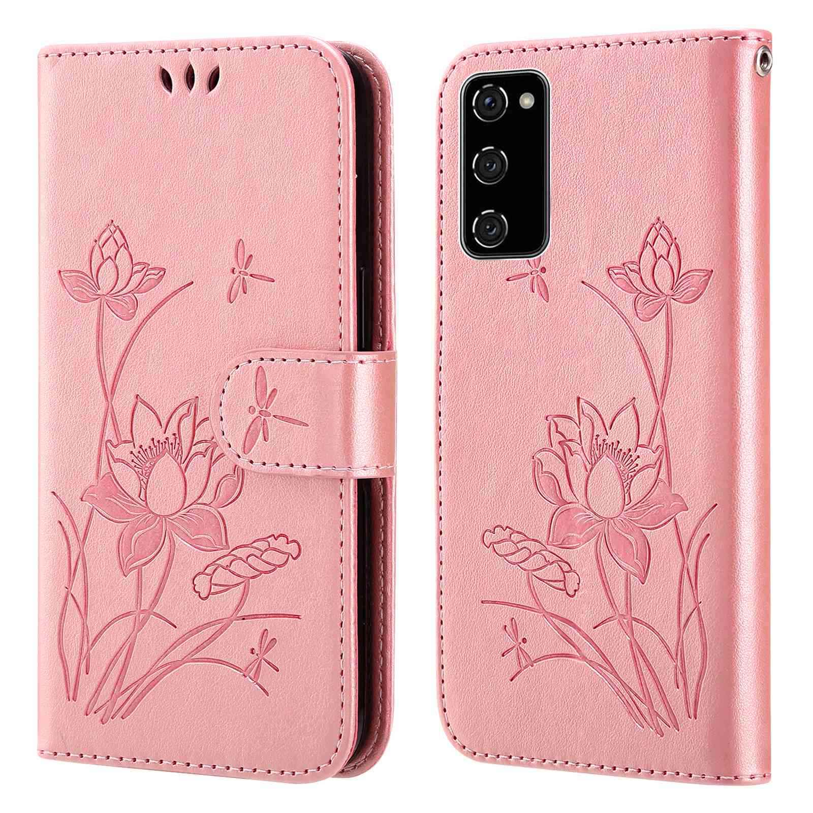 For Samsung Galaxy S20 FE 2022/S20 FE 4G/5G/S20 Lite Dual-layer Protection TPU+PU Leather Imprinted Lotus Pattern Case Anti-scratch Wallet Stand Shell - Pink