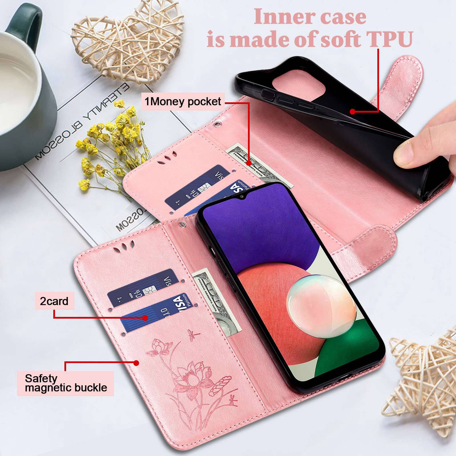 For Samsung Galaxy S20 FE 2022/S20 FE 4G/5G/S20 Lite Dual-layer Protection TPU+PU Leather Imprinted Lotus Pattern Case Anti-scratch Wallet Stand Shell - Pink