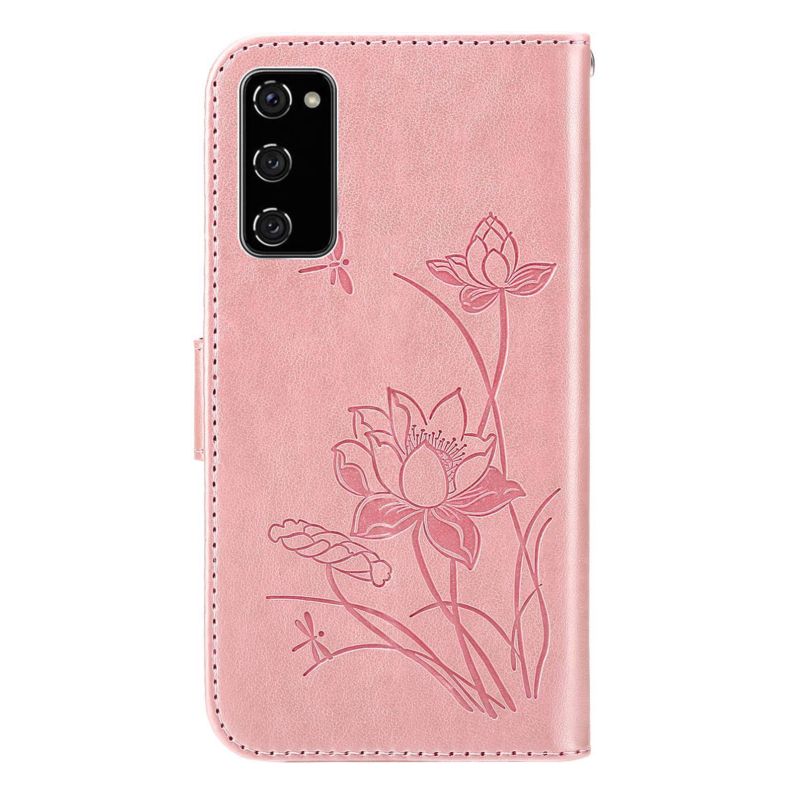 For Samsung Galaxy S20 FE 2022/S20 FE 4G/5G/S20 Lite Dual-layer Protection TPU+PU Leather Imprinted Lotus Pattern Case Anti-scratch Wallet Stand Shell - Pink