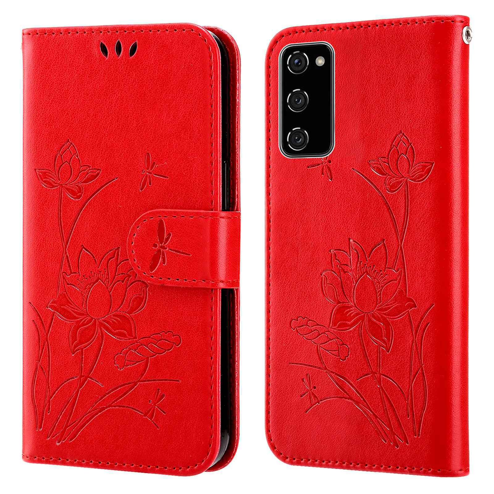 For Samsung Galaxy S20 FE 2022/S20 FE 4G/5G/S20 Lite Dual-layer Protection TPU+PU Leather Imprinted Lotus Pattern Case Anti-scratch Wallet Stand Shell - Red