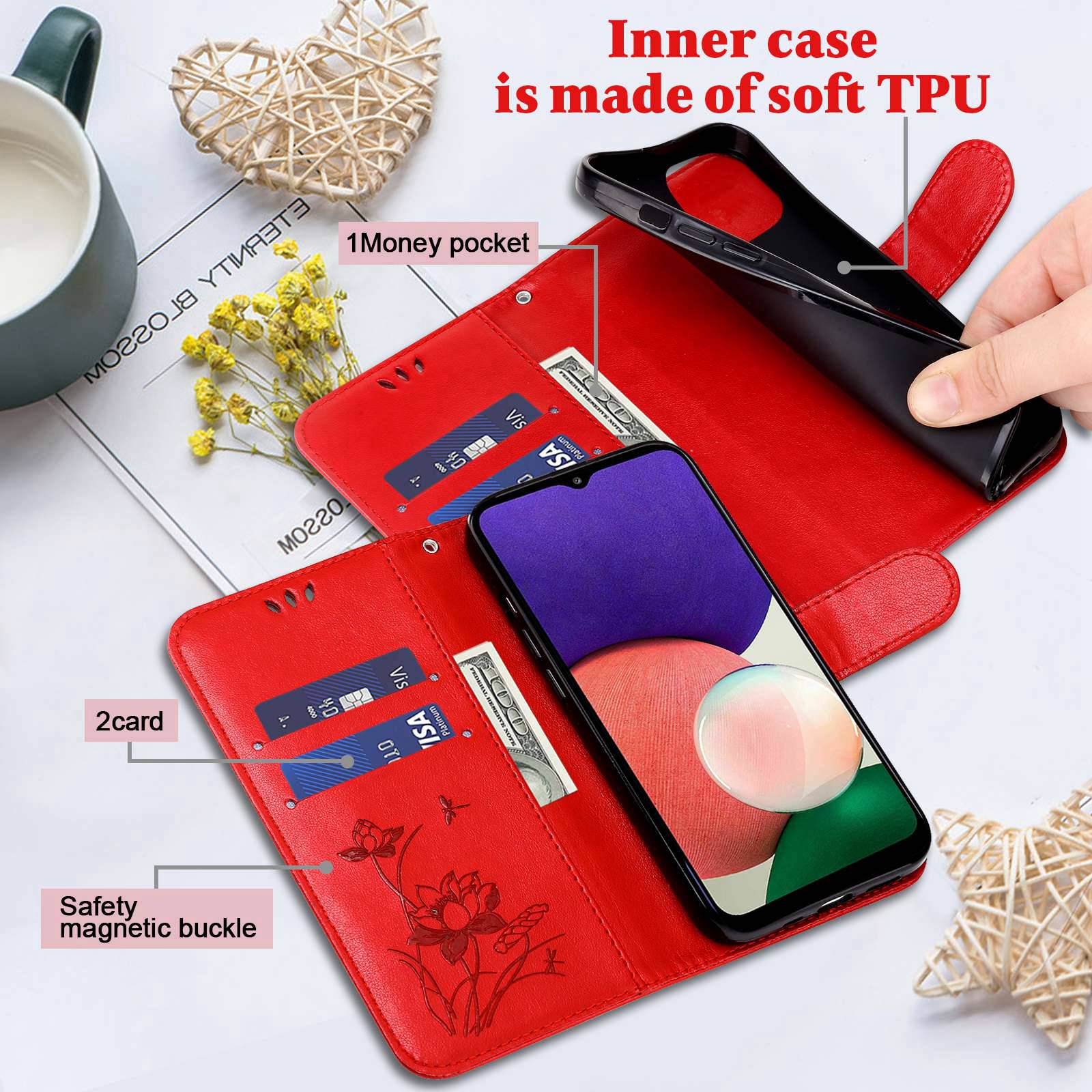 For Samsung Galaxy S20 FE 2022/S20 FE 4G/5G/S20 Lite Dual-layer Protection TPU+PU Leather Imprinted Lotus Pattern Case Anti-scratch Wallet Stand Shell - Red