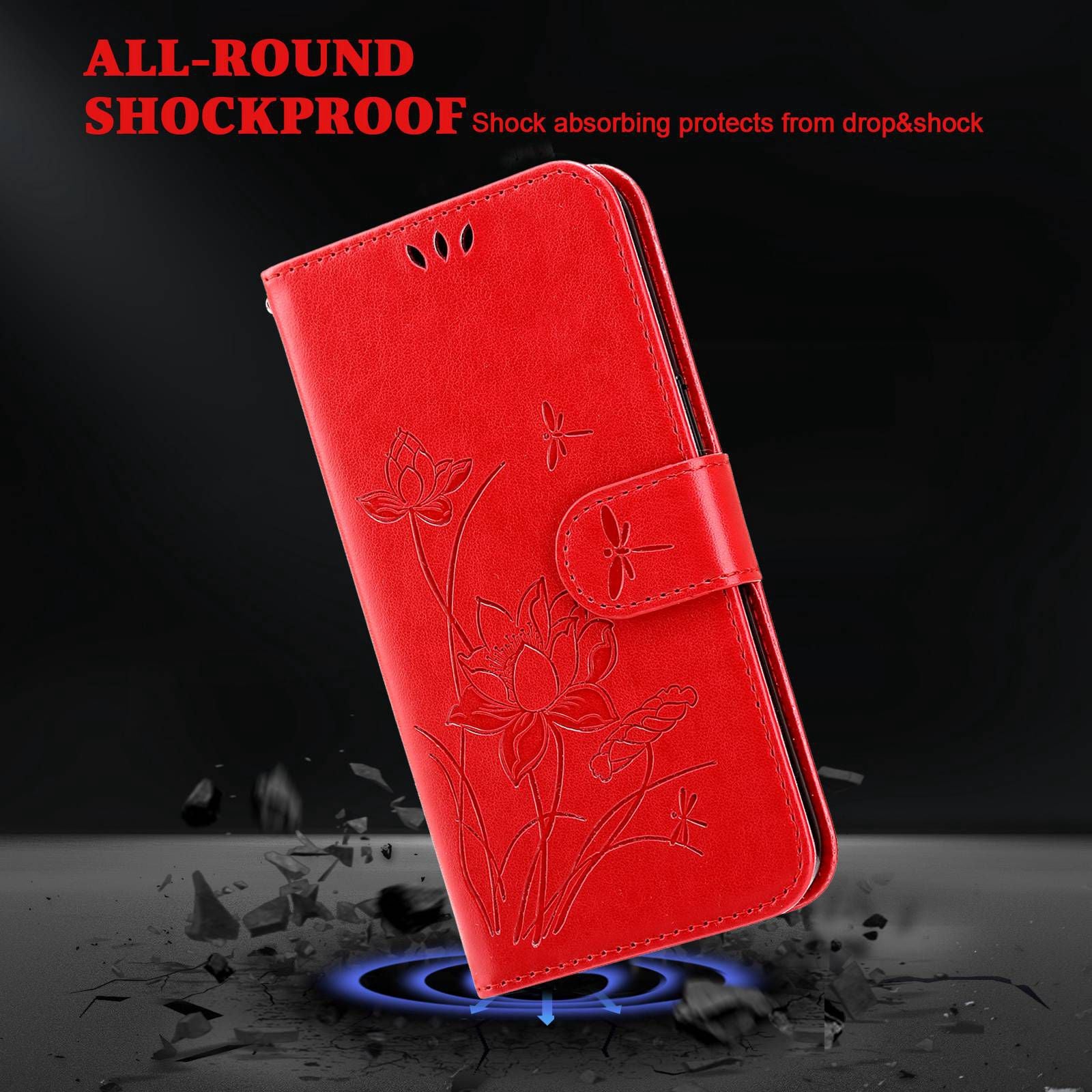 For Samsung Galaxy S20 FE 2022/S20 FE 4G/5G/S20 Lite Dual-layer Protection TPU+PU Leather Imprinted Lotus Pattern Case Anti-scratch Wallet Stand Shell - Red