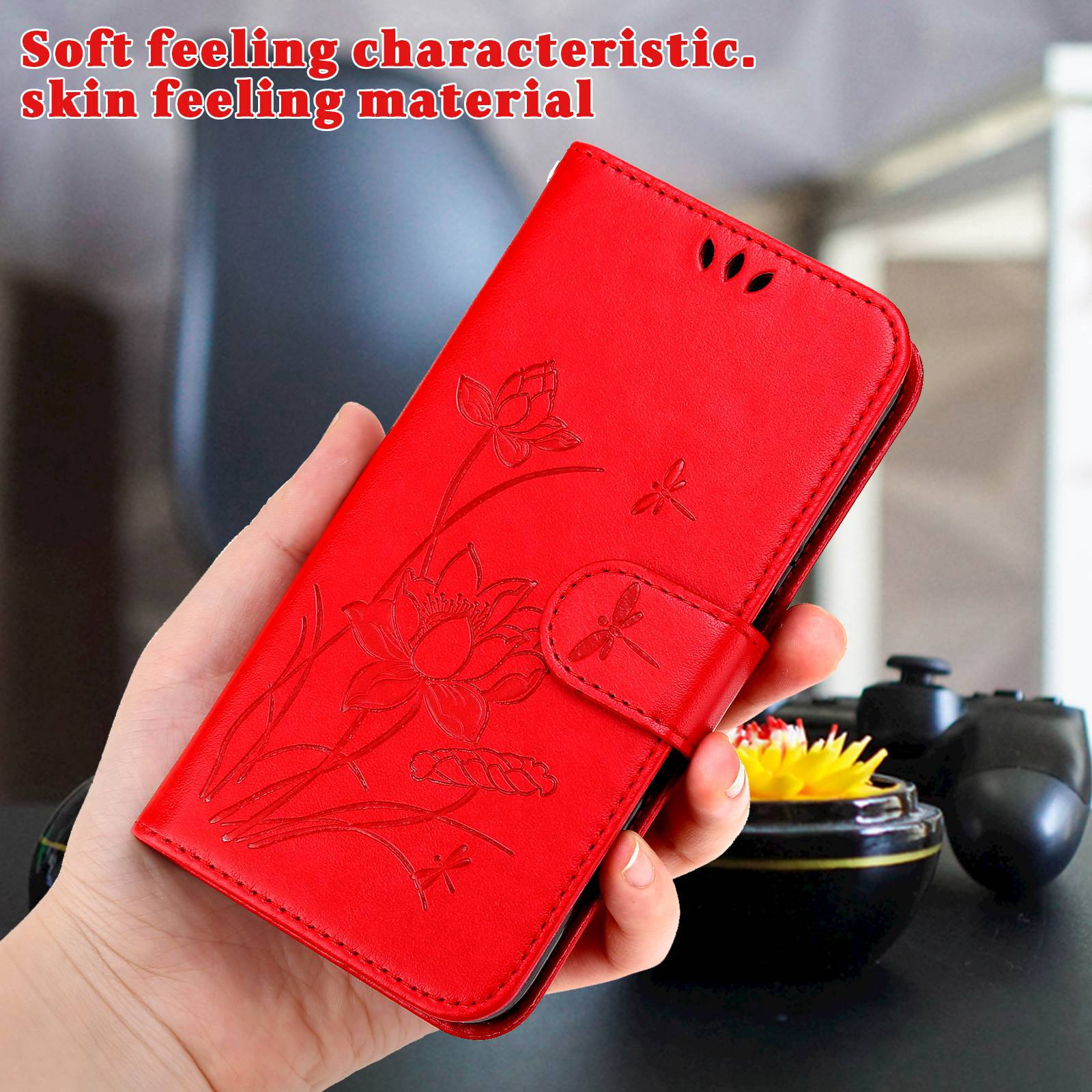 For Samsung Galaxy S20 FE 2022/S20 FE 4G/5G/S20 Lite Dual-layer Protection TPU+PU Leather Imprinted Lotus Pattern Case Anti-scratch Wallet Stand Shell - Red